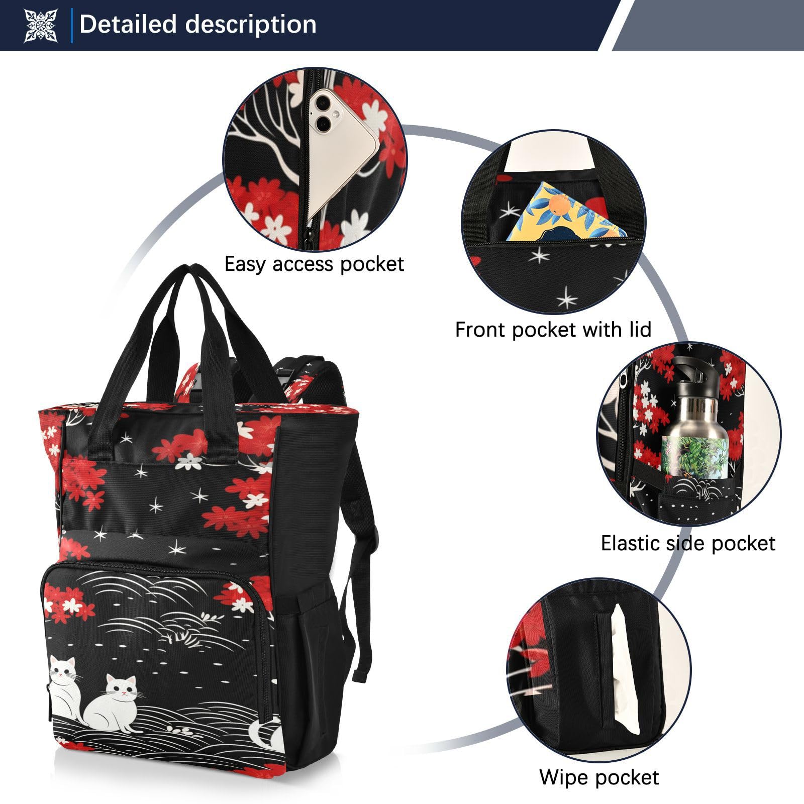 Patrón Repetitivo Gatos Negros Bolsa de Pañales, Mochila de Viaje, Gran Capacidad, Bolsas para Mamá Papá Mujeres Niñas