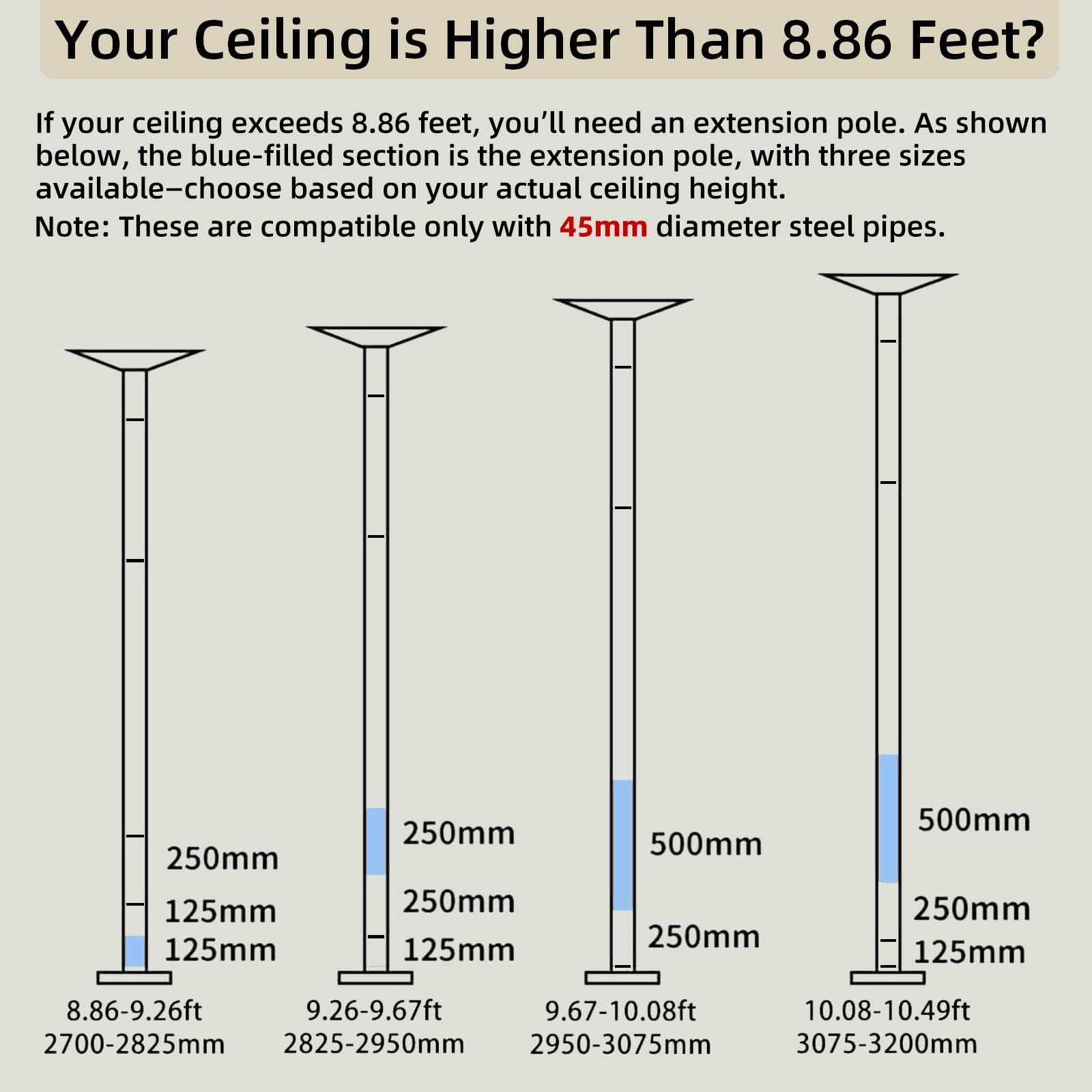 Prolunga per pole dance da 45 mm – 125/250/500 mm, facile da installare, collegamento liscio, prolunga cromata per palo da ballo