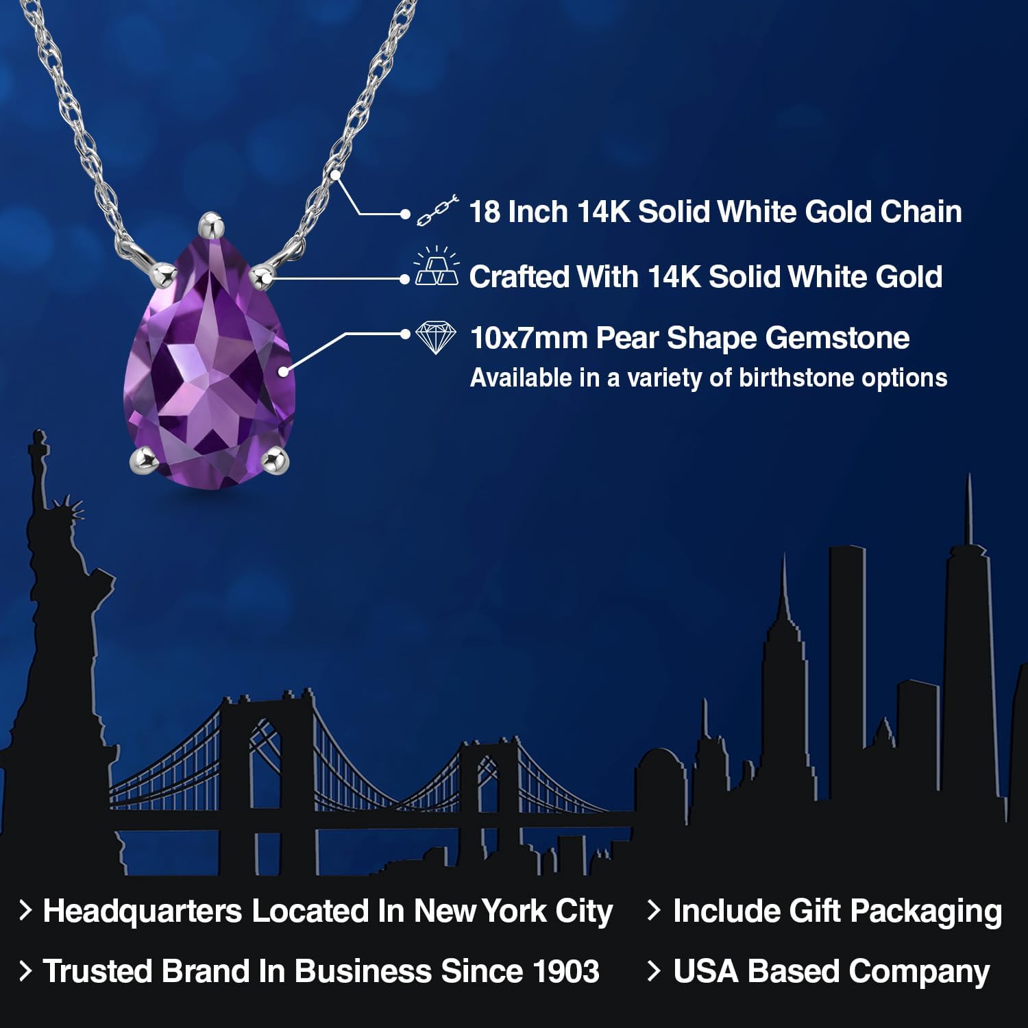 Gem Stone King 14K White Gold Purple Amethyst Pendant Necklace for Women | 1.73 Cttw | Gemstone February Birthstone | Pear Shape 10X7MM | With 18 Inch Chain - Image 2