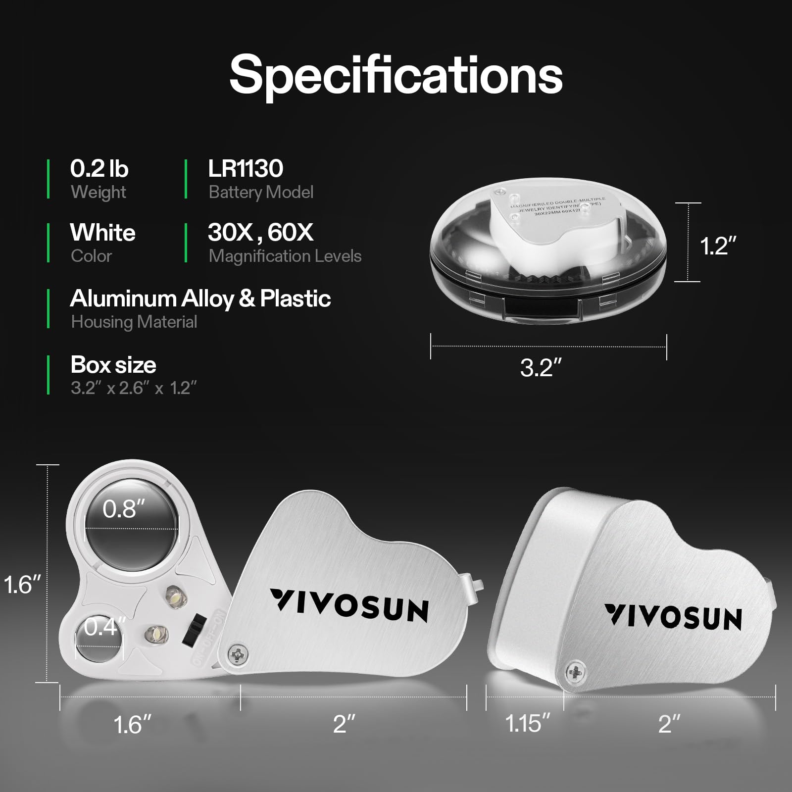 VIVOSUN Lente di Ingrandimento per Gioielliere 30X e 60X con LED, Kit da 2 Pieghevoli in Alluminio e Plastica - per Ispezioni di Diamanti, Gioielli, Monete, Francobolli, Antichità (Bianco)