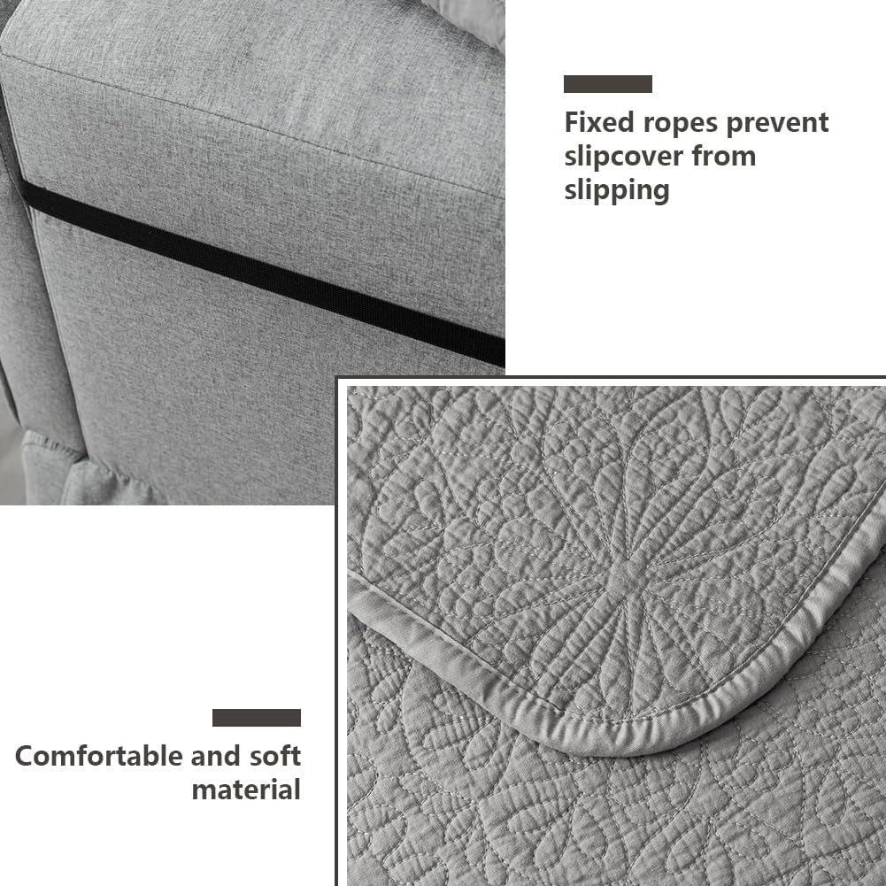 STONECREST Wingback Chair Cover, Pushback Chair Cover - Cotton Pre-Washed Embrooidery Coin Medallion Pattern Slipcover, Stay in Place (Grey, 20" Recliner)