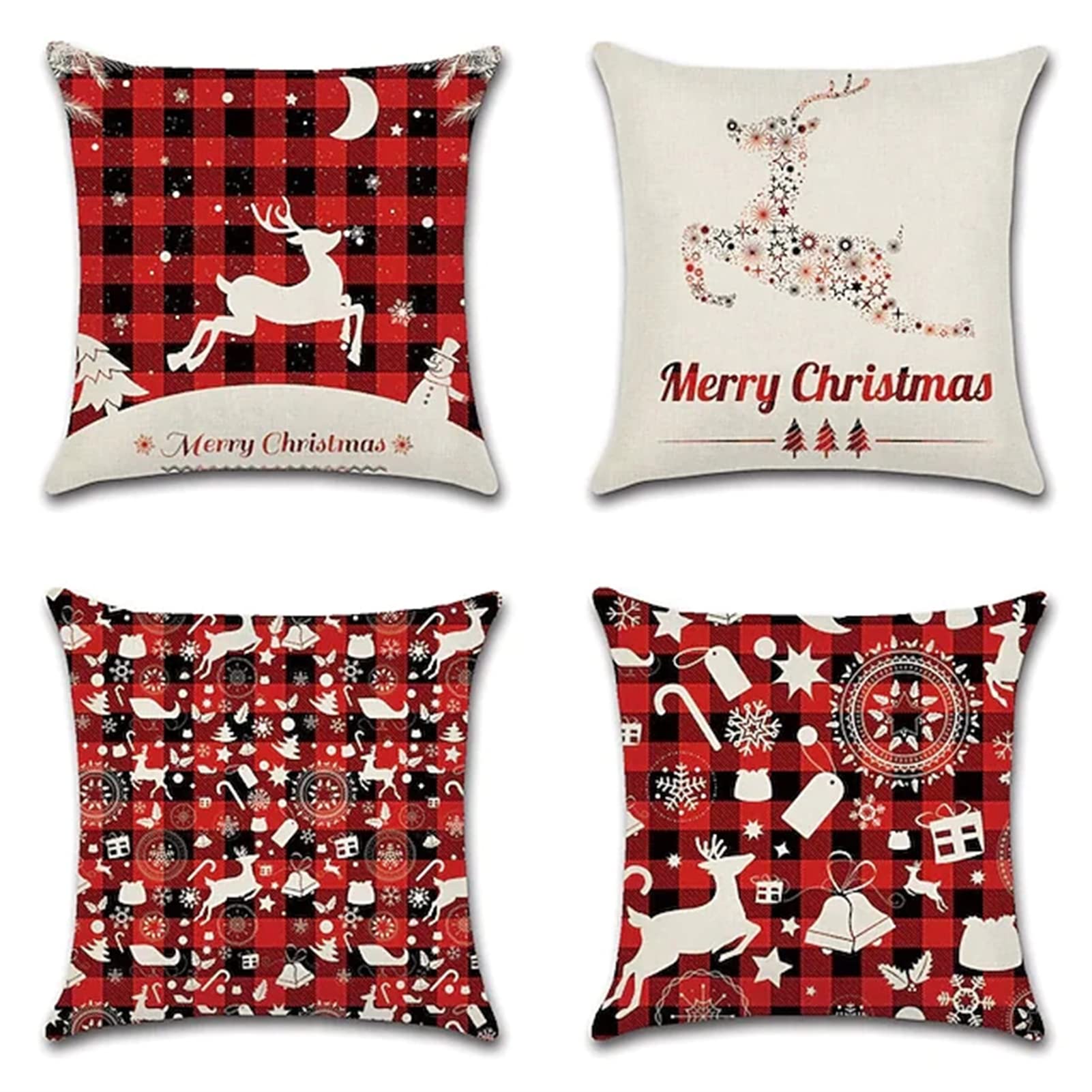 4 Pezzi Fodera per Cuscino 65x65cm, Plaid rosso di Natale Modello Moderni Decorativo ​copri cuscini per divano, federe cuscini in Velluto con Cerniera Invisibile,Adatto per Interni,Casa, Auto e Sedia