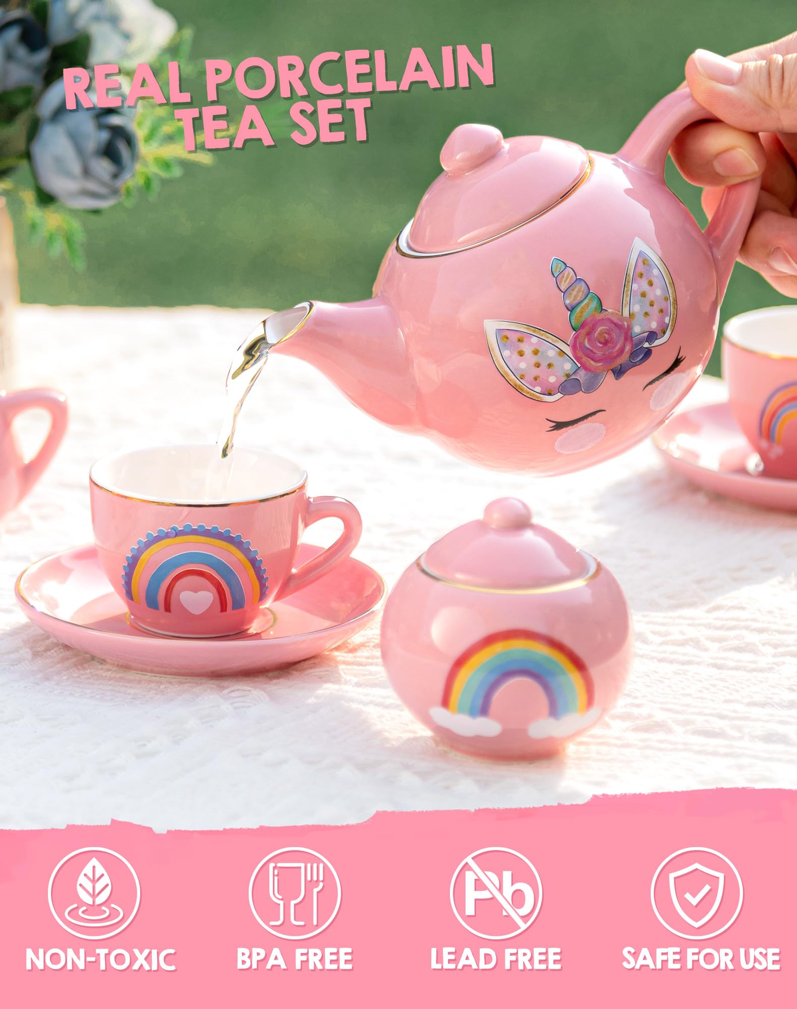 TUZT Porcelain Unicorn Tea Party Set for Little Girls Kids Toddlers, 13Pcs Ceramic Tea Set - Tea Pot Cups & Saucers & Carrying Case, Pretend Play Toys - Christmas Birthday Gift for Girls (Pink)