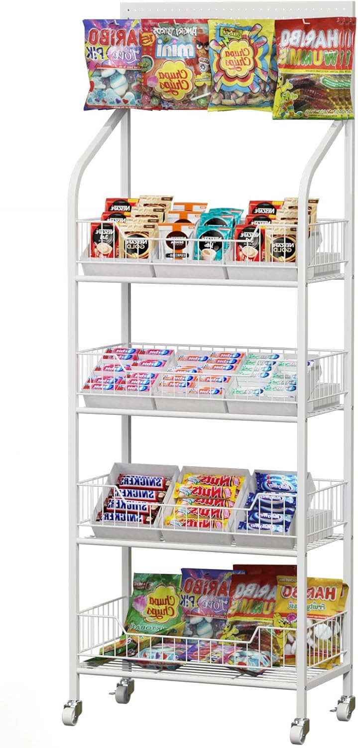 lesolar 4 Tier Retail Snack Rack Display Stand, Retail Candy Chip Vendor Display Shelves Rack, White Metal Snack Display Rack Shelf with Wheels, Candy Snack Organizer Cart Concession Stand Display