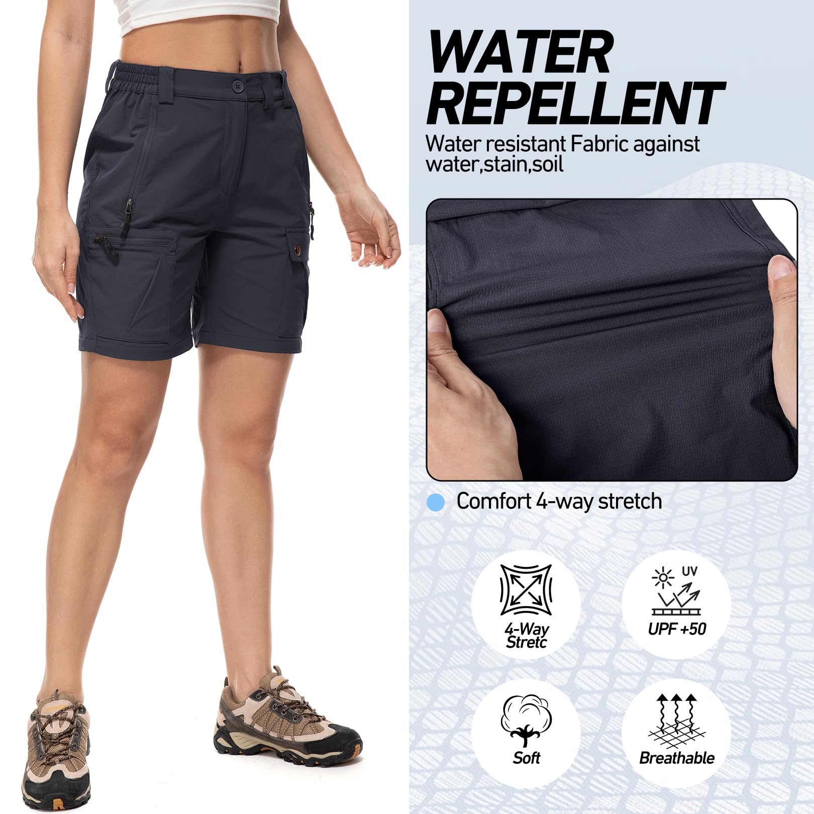 Short de Randonnée Cargo pour Femme Shorts de Randonnée Femme Short d'extérieur Confortable, Léger et à Séchage Rapide, pour Les Voyages et la Randonnée avec 4 Poches
