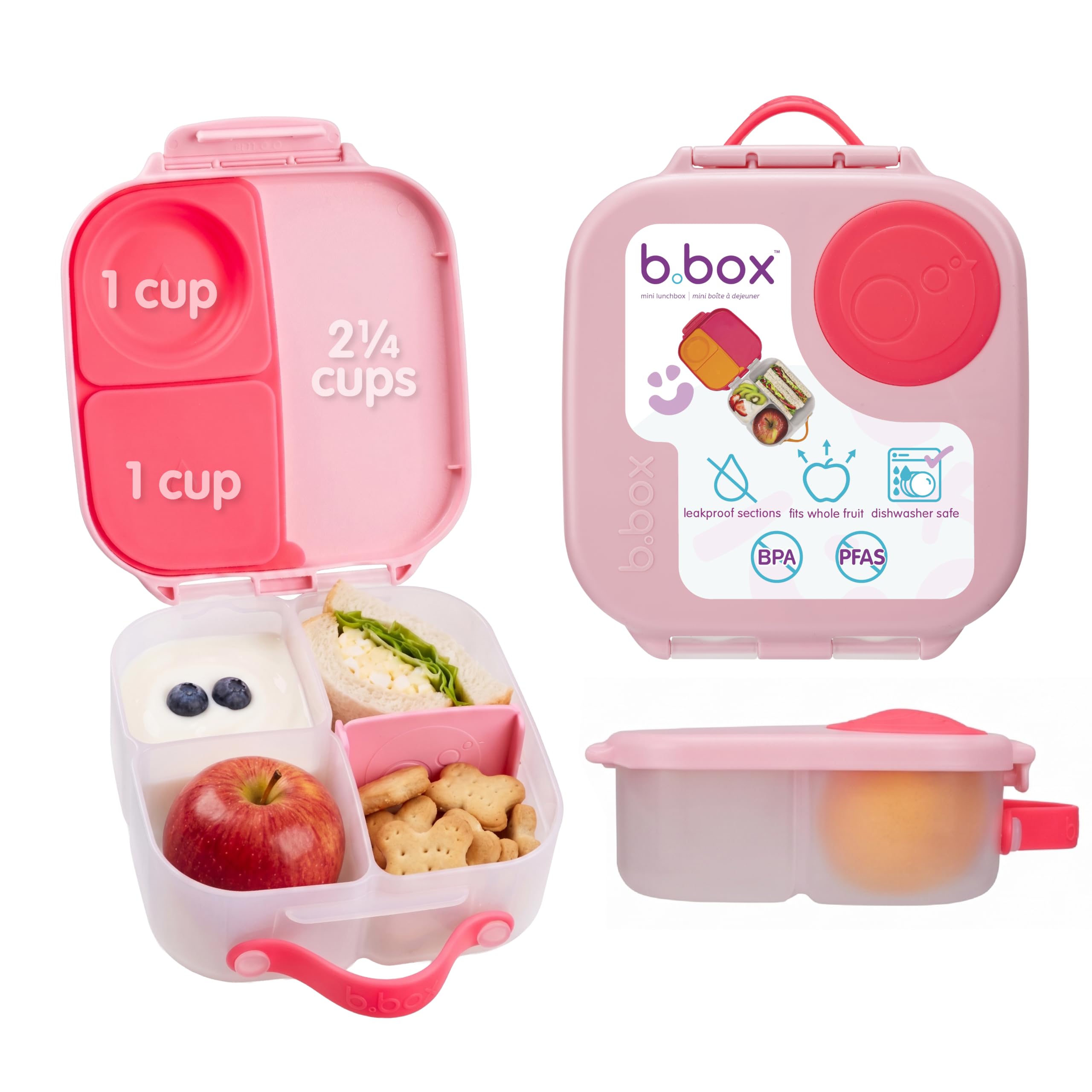 b.Box Mini Lunch Box for Kids: Lightweight Bento Box, Lunch Snack Container with 2 Leak Proof Compartments. Ages 3+ School Supplies, BPA Free (Flamingo Fizz, 4¼ Cup Capacity)-image-10