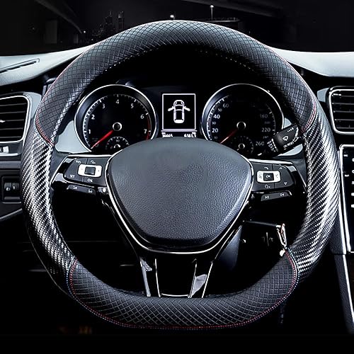Miniatura 2 de Funda de volante de fibra de carbono y cuero en forma de D, elegante funda de cuero antideslizante para automóvil, interior de automóvil de 15
