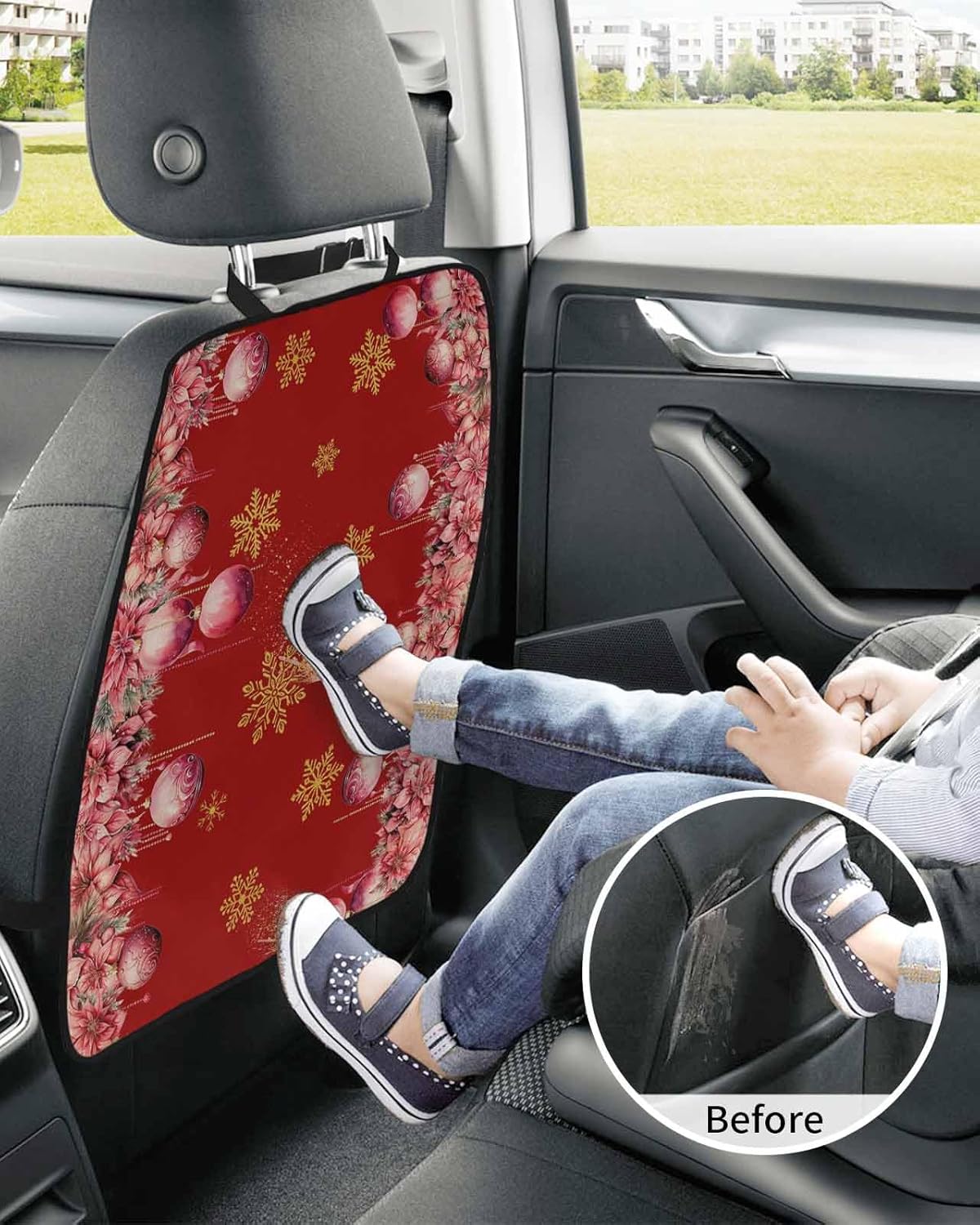 Car Seat Protector, 2 Pack Kick Mats Back Seat Protector Pink Christmas Balls Poinsettia Floral Winter Snowflake Red Waterproof Backseat Cover for Kids Universal Fit Automotive Interior Protectors