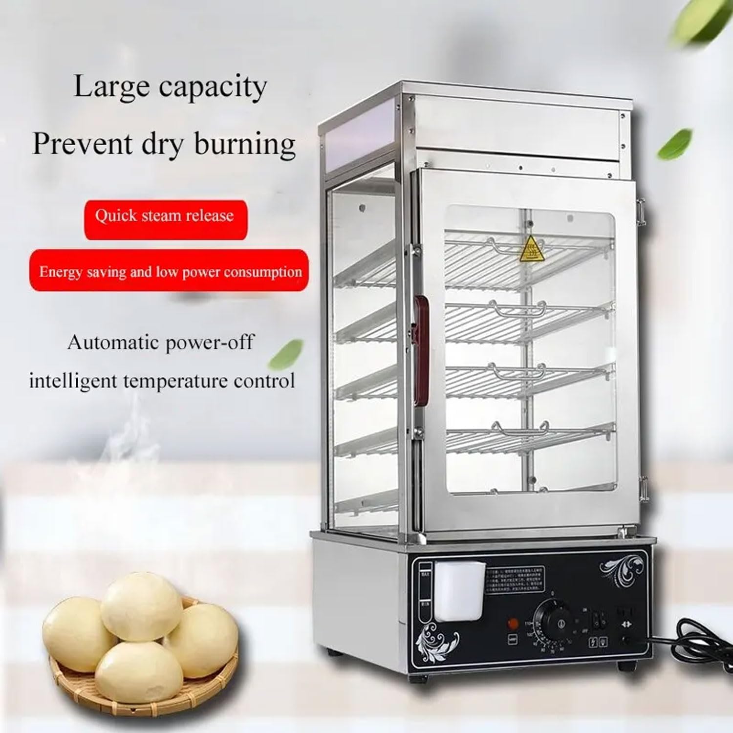 Commercial Food Heating Cabinet 1200W Desktop Stainless Steel Bun Steamer with Visual Tempered Glass 30-110℃ Temperature Control Pasta Warming Cabinet for,