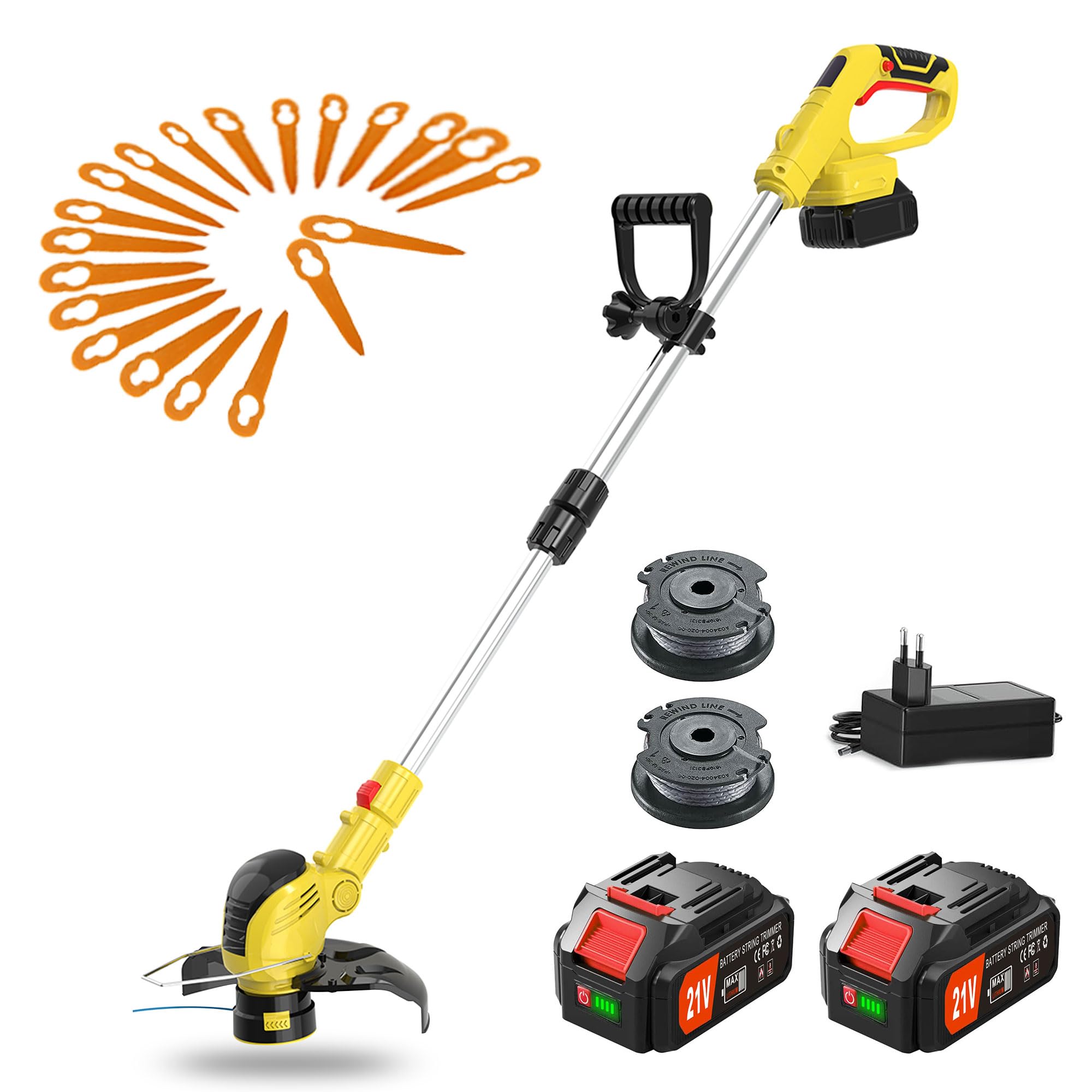 Jwdj K80 21 V Cordless Grass Trimmer Includes, Reel x 2, Li-ion Battery x 2 with Battery Indicator, Plastic Blade x 20, Charger Grass Trimmer for Grass Trimming, Branch Brush Cutting