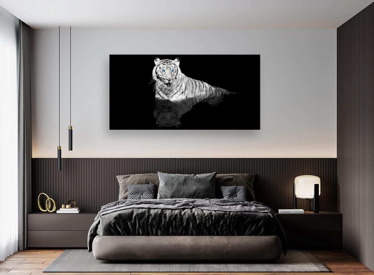 D01350 Black & White Tiger Canvas Wall Art Wild Animal Print Picture 1 Panel Blue Eyed Tiger Painting Artwork for Kitchen Office Home Wall Decor Stretched and Framed Ready to Hang 20.00" x 40.00" Black