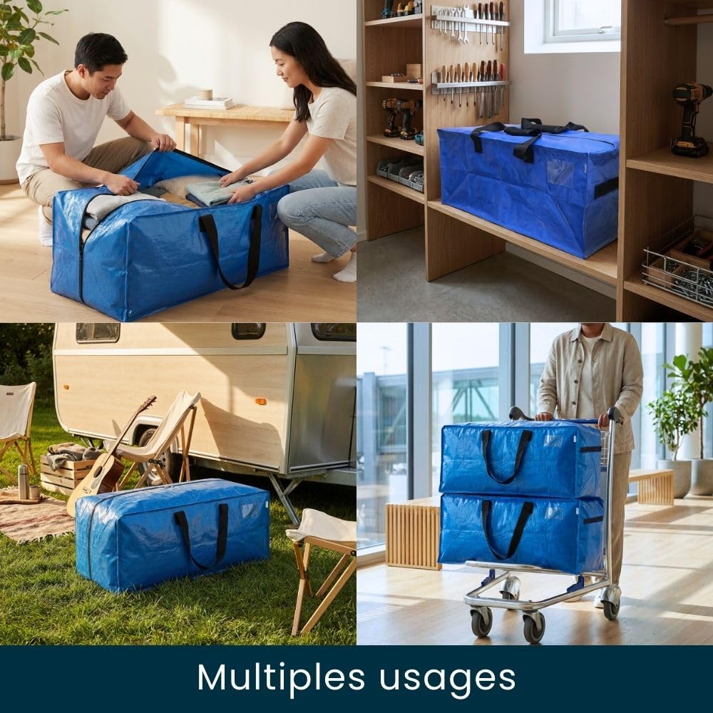 Lot de 4 Sacs Demenagement Grand Format Solides, Portage 2-en-1 avec Poignées, Sac Demenagement Réutilisable et Polyvalent pour Rangement Garage, Cave et Grenier