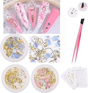 Nail Art Decorations Kit Nail Art Opal Pearl Rhinestones Rivet Mixed Nail Art DIY Decoration with Tweezer and Nail Star Moon Stickers(4 pcs), 3 Boxes - Pink White Blue