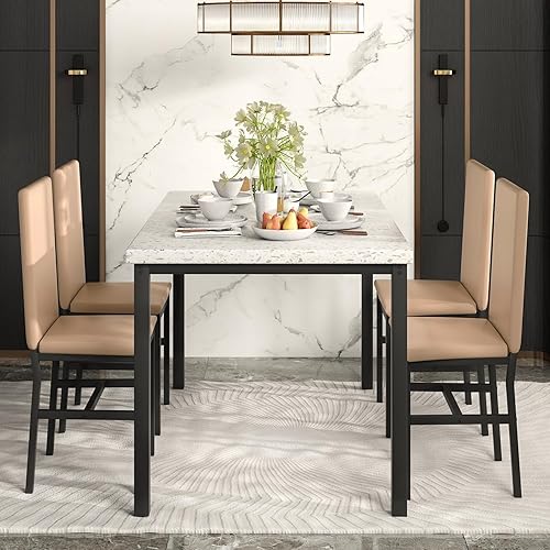 Miniatura 4 de MIERE Juego de mesa de comedor para 4 5 piezas de mármol con 4 sillas de marco de metal de piel sintética para cocina bar sala de estar rincón de