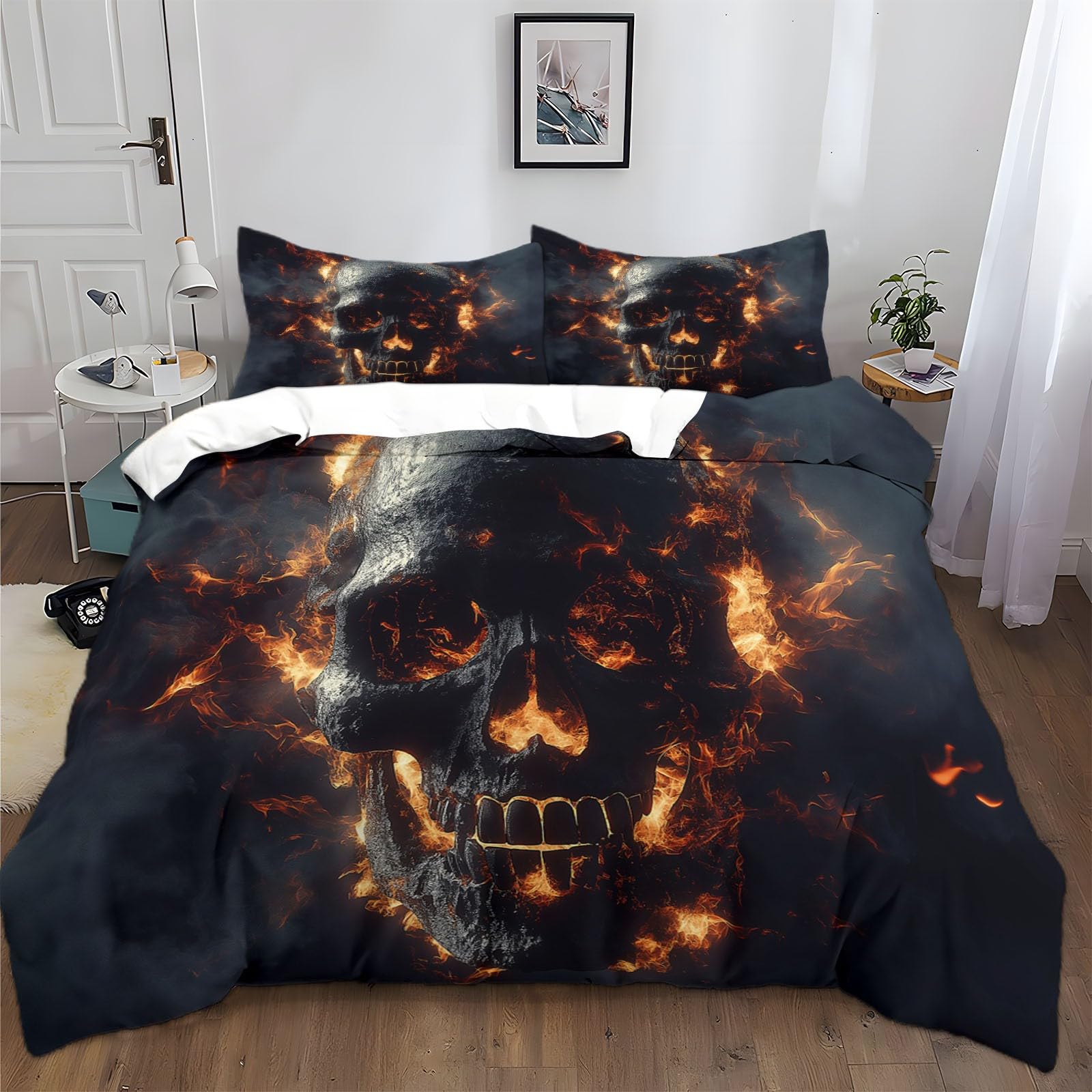 Housse de couette 240x260 microfibre imprimé crâne flamme noire