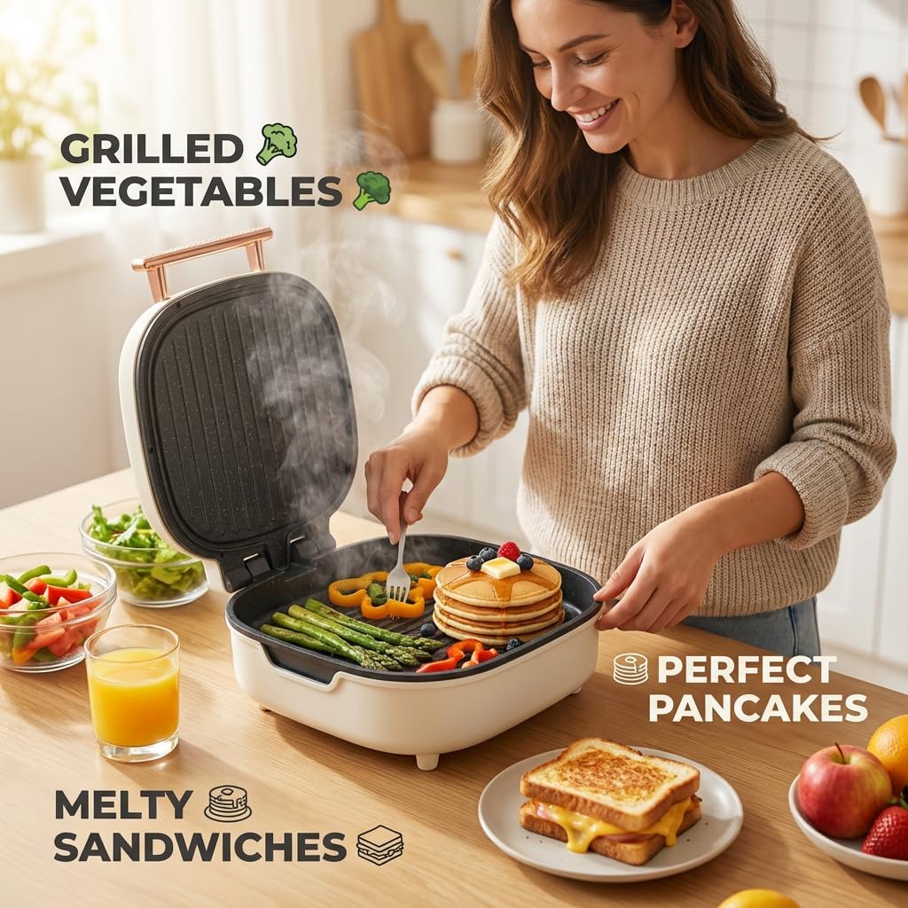 1600W Electric Grill & Griddle, Non-Stick Electric Griddle, Portable Breakfast Maker for Pancakes, Sandwiches, Camping, Home Kitchen