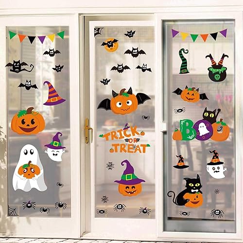 Ivenf Decoraciones de Halloween para ventanas de interiores, calcomanías grandes y lindas de calabaza, fantasma, gato negro, murciélago, truco o