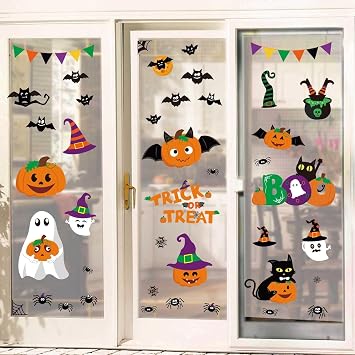 Halloween Decorations Indoor Window Clings Decor, Large Cute Pumpkin Ghost Black Cat Bat Trick or Treat Window Decals for Glass Windows, Kids School Home Office Party Window Stickers, 4 Sheets