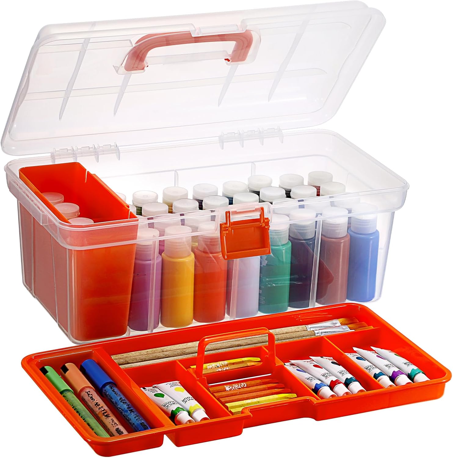 Plastic Paint Storage Box, Craft Paint Organizer with Divided Tray and Cleaning Slot, Pigment Storage Bin for 36 Bottles 2 fl. oz Acrylic Paints, Craft Art Supply Box for Stationery(Orange)