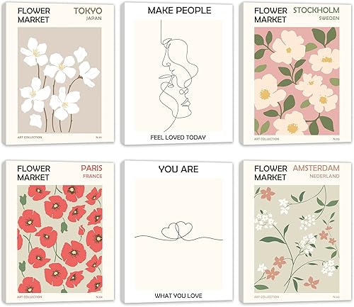 Póster enmarcado para el mercado de flores, juego de 6 impresiones artísticas de pared de líneas minimalistas con fram de madera en el interior,