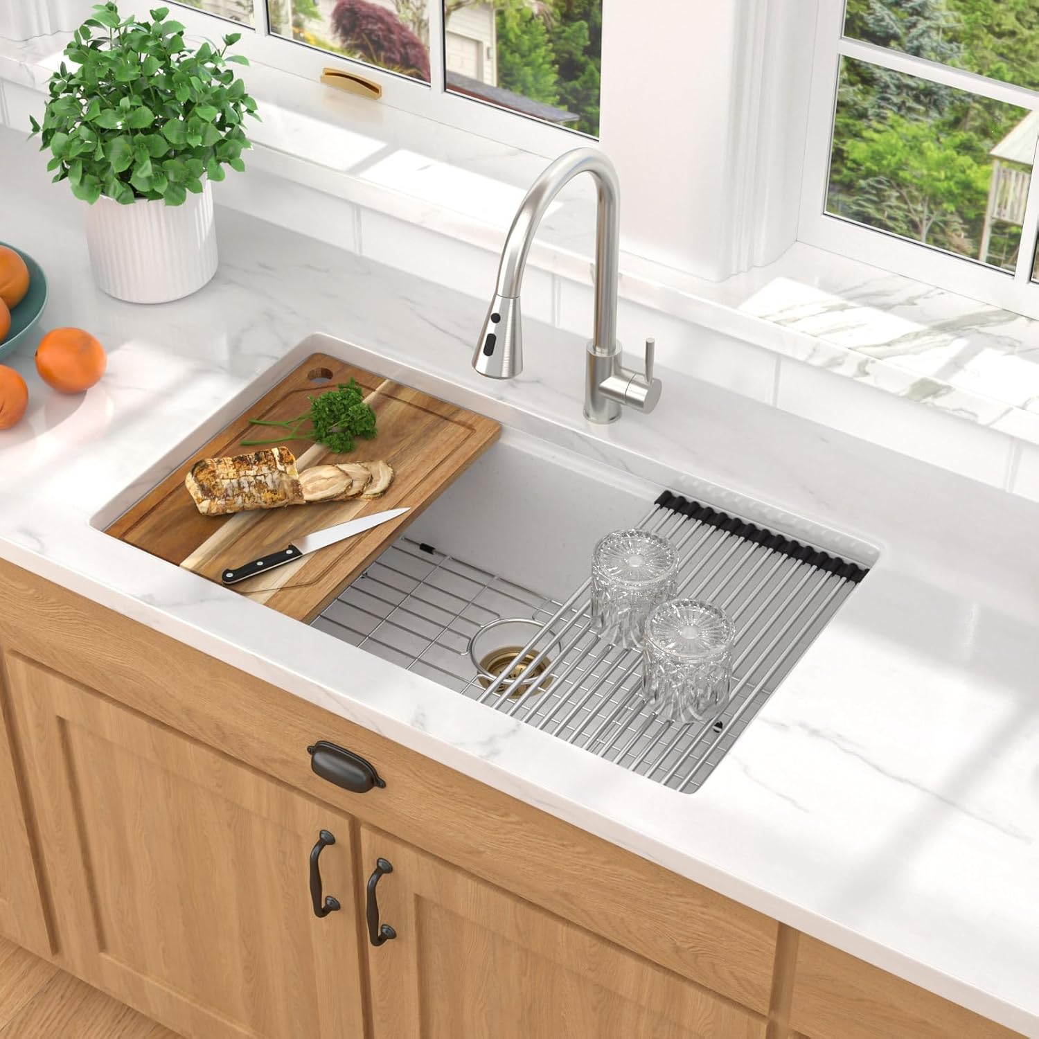 28 Inch Granite Composite Kitchen Sink - White Undermount Workstation All-In One Quartz Classic Single Bowl Sink Basin with Accessories, 28x19#TLGU-106