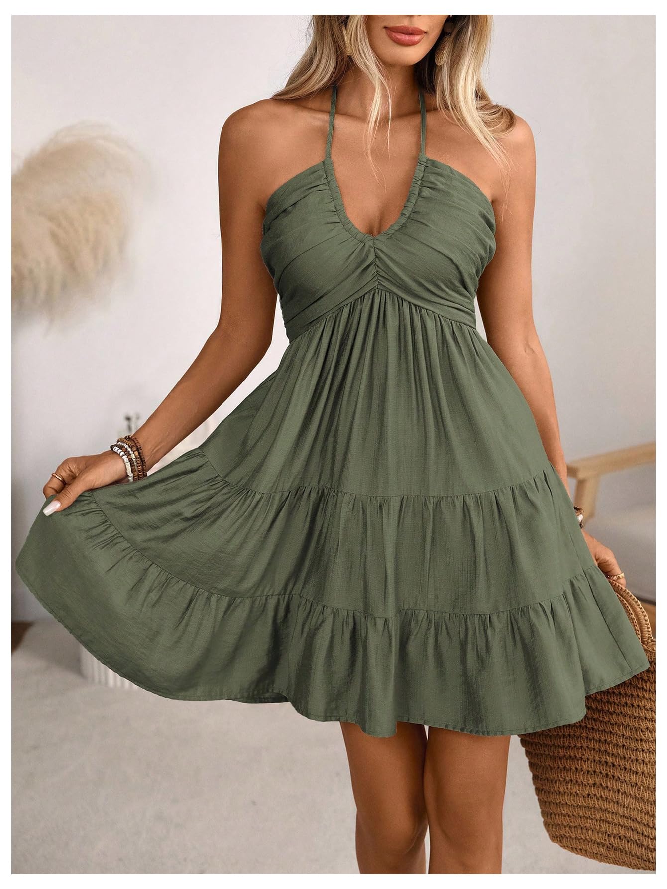 SOLY HUX Women's Summer Mini Dress Halter Backless Sleeveless A Line Ruffle Hem Flowy Cami Dresses Sundress: Small Pure Army Green