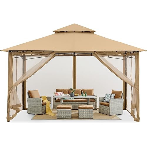 MASTERCANOPY Outdoor Garden Gazebo for Patios with Stable Steel Frame and Netting Walls (10x12, Beige)