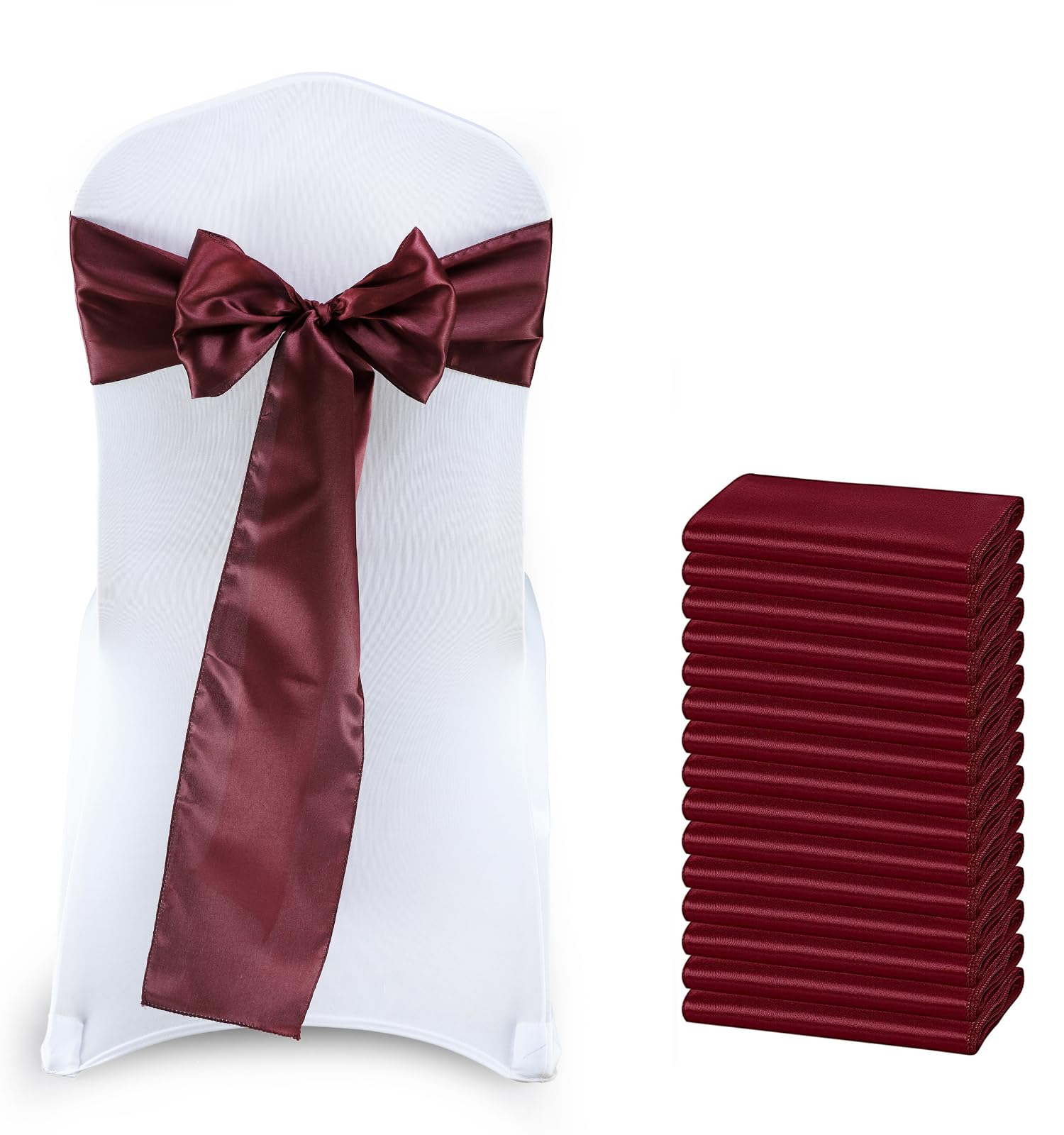 VDS Pack of 250 Satin Chair Sashes for Weddings & Events Décor | Soft Shiny Sateen Dining Chair Bows for Banquet, Party, Reception | Reusable Decorative Sash for Folding & Chiavari Chairs – Burgundy
