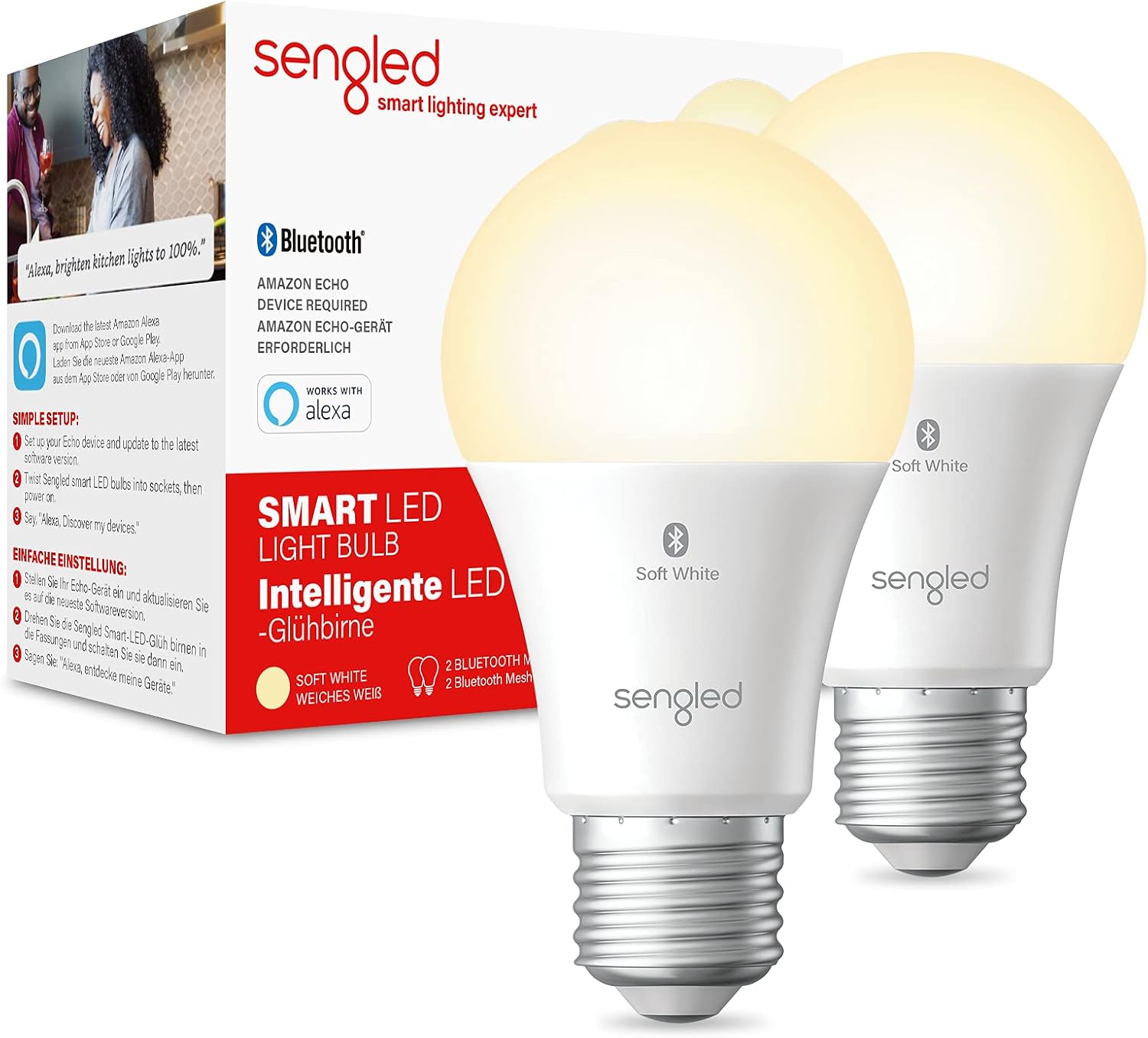 Sengled Smart Bulb, Alexa Light Bulb E27, Dimmable LED Bulb Multicolor, Soft White, 2 Count (Pack of 1)