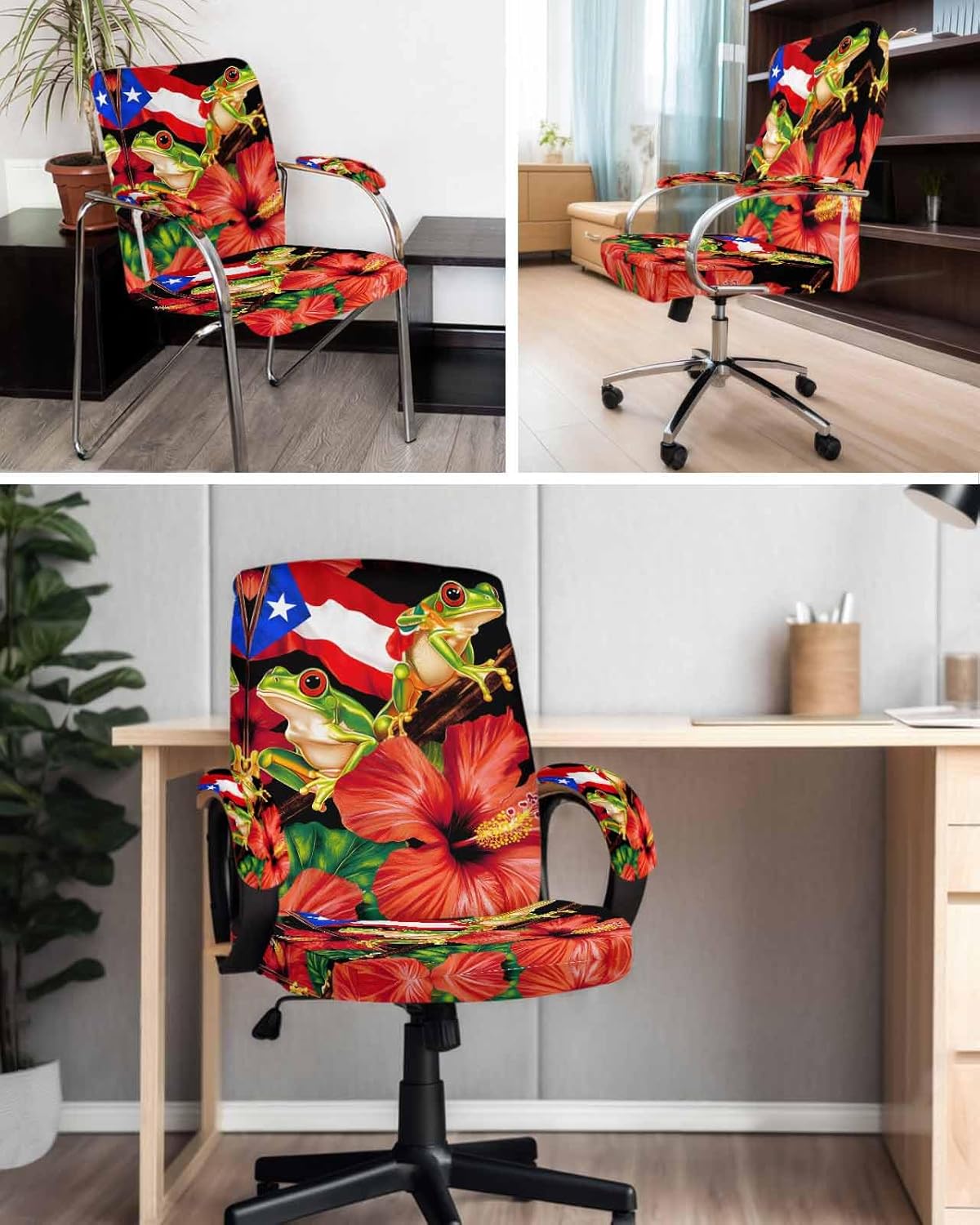 DecorLovee Puerto Rico Flag Office Chair Cover with Armrest Covers & Zipper, Frog Red Flower Summer Leaf Spandex Computer Chair Covers, Universal Rotating Desk Chair Slipcovers Protector, M