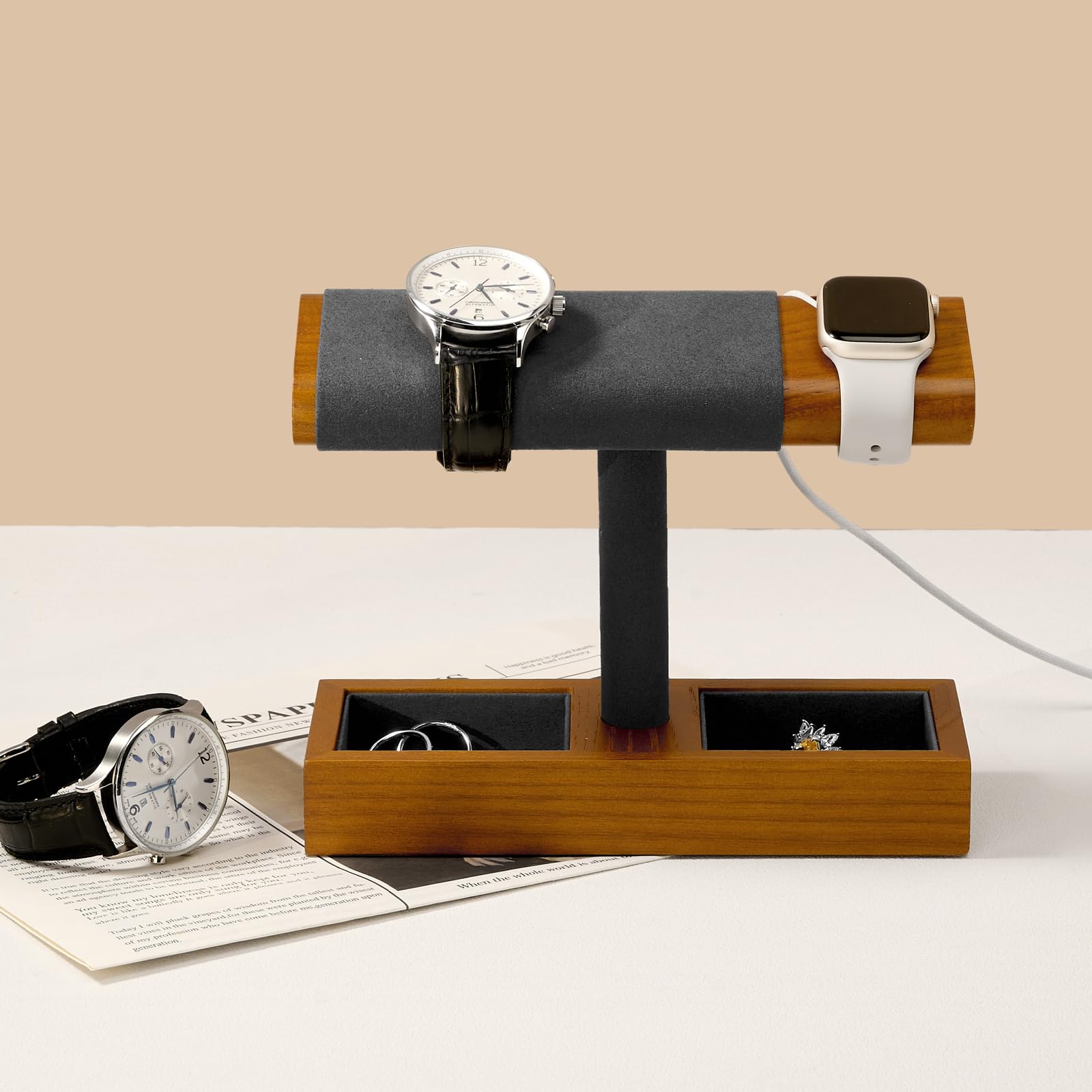 Oirlv Multifonctionnel Bois Massif Support Montre,Porte Montre,Watch Stand Avec de Chargement,Porte Bracelet(Gris Foncé)