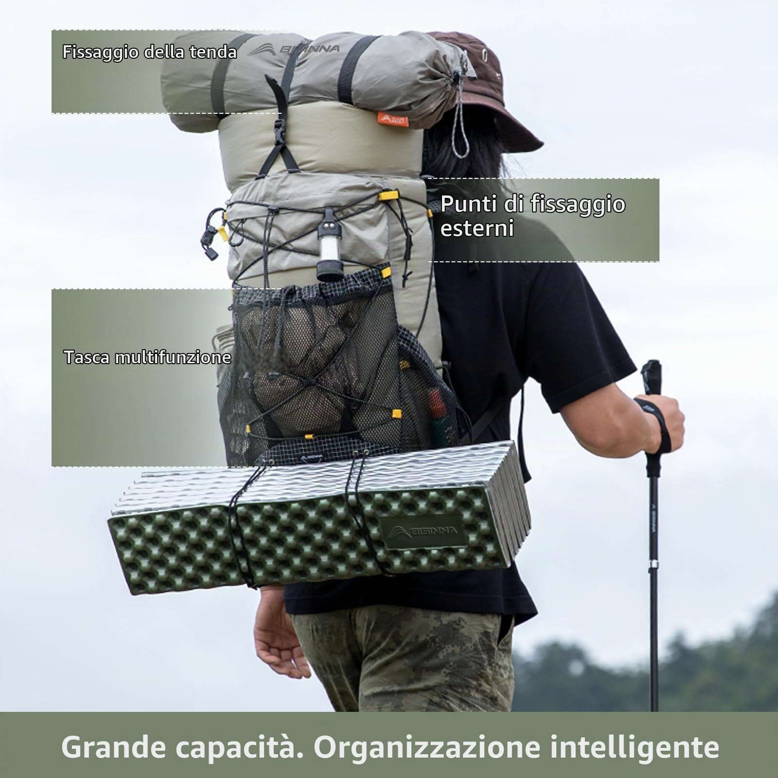 BISINNA Zaino da trekking espandibile, 35 l (25 l + 10 l), con telaio interno, per attività all'aperto, campeggio e viaggi