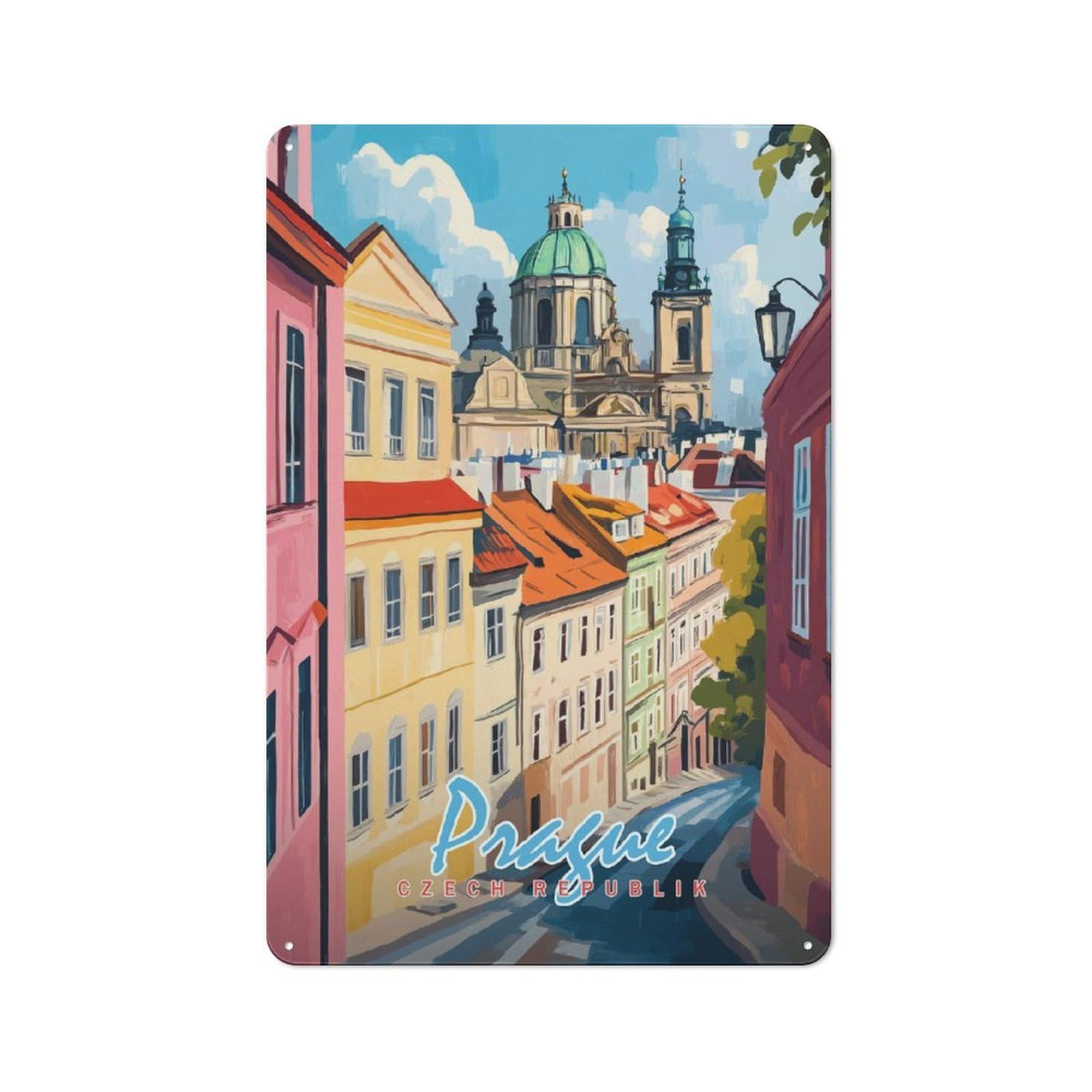 Junmoney Style-17 Prague Cityscape(2) Decorative Metal Plaque 30X20cm, Loft Style Urban Room Decor For Flat, Bar, Studio Or Gallery Wall