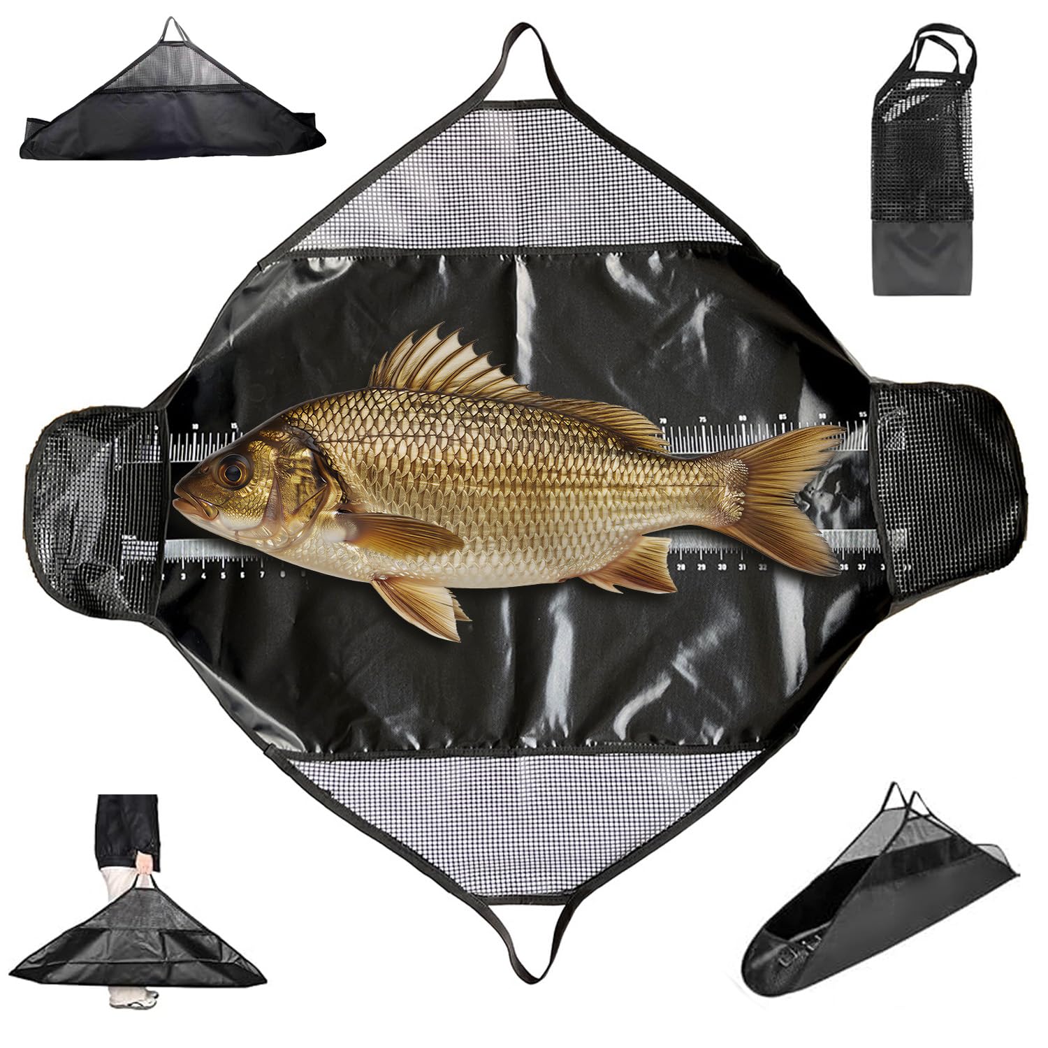 Abhakmatte Angeln 120 * 60 cm, Abhakmatte mit Maßband PVC Faltbare, Wasserdicht Fischmatte Karpfensack Angelmatte mit Griffen für Heavy Duty Raubfisch Barsche Karpfen Welse Transport Wiegen