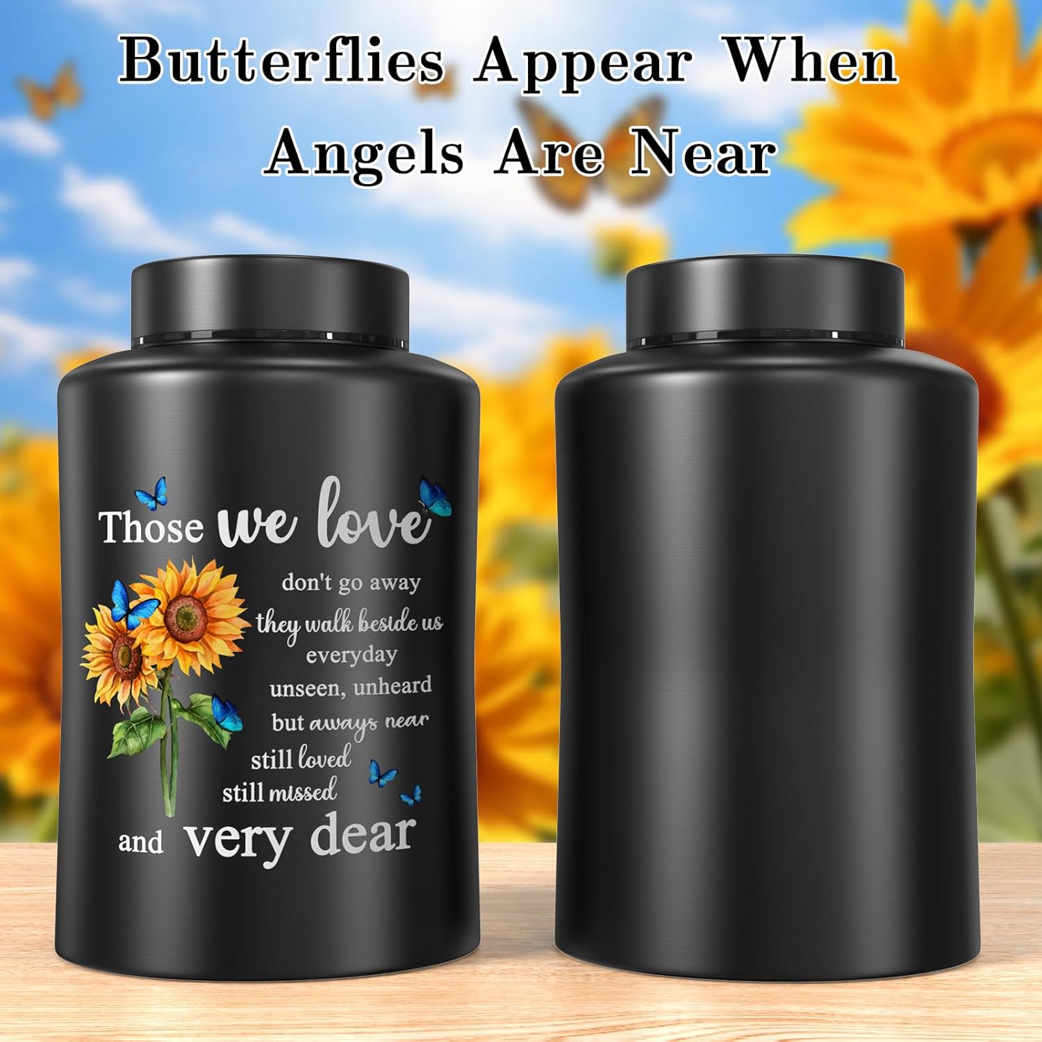 SOITIS Large Stainless Steel Cremation Urn for Adults, Black, Sunflower & Butterfly Pattern, 370 lbs Capacity, Elegant Funeral Keepsake Urn