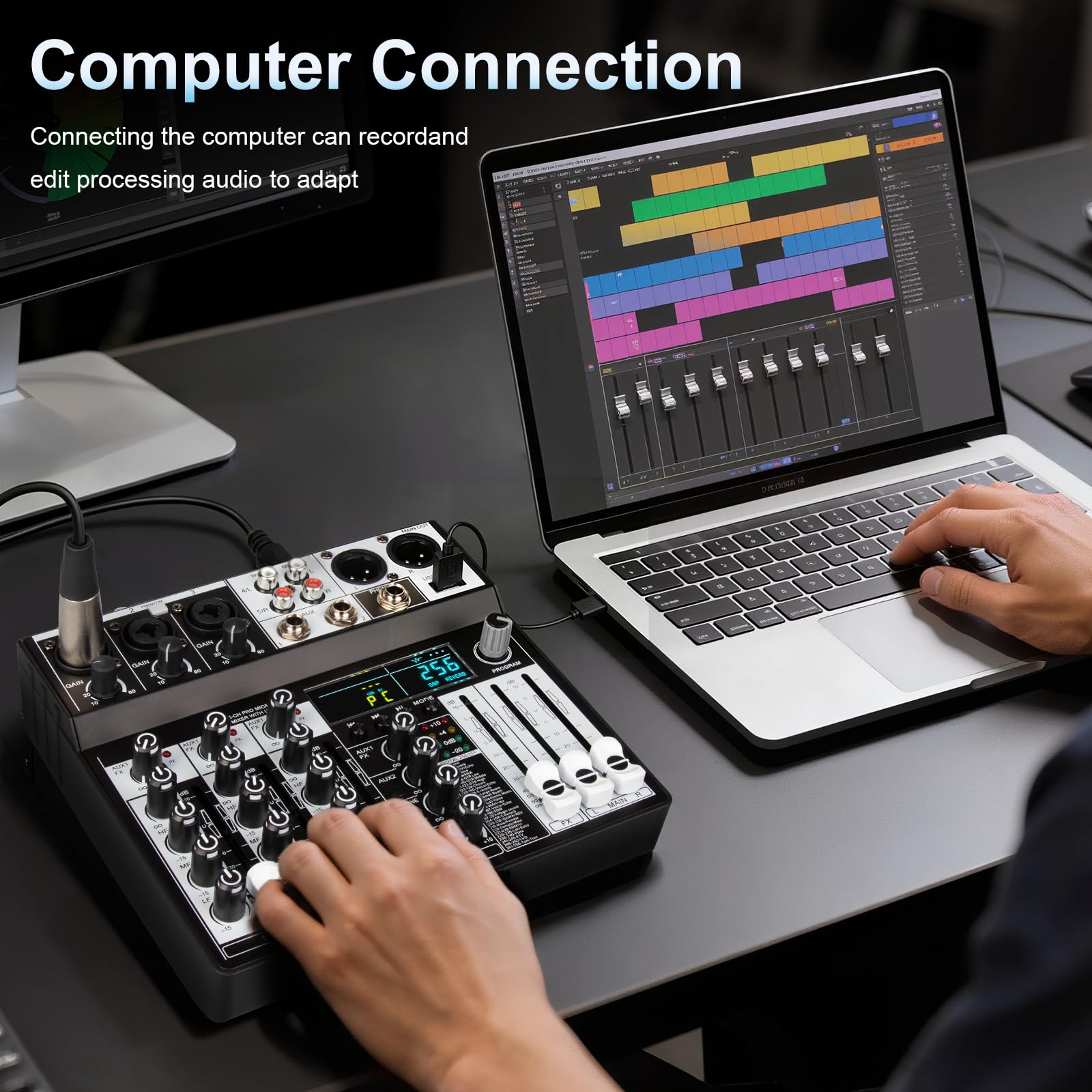 Depusheng Mezclador de audio profesional de 5 canales, sistema de consola de sonido con entrada USB Bluetooth MP3 ordenador, 256 efectos DSP, pantalla LED, potencia fantasma de 48 V para podcast