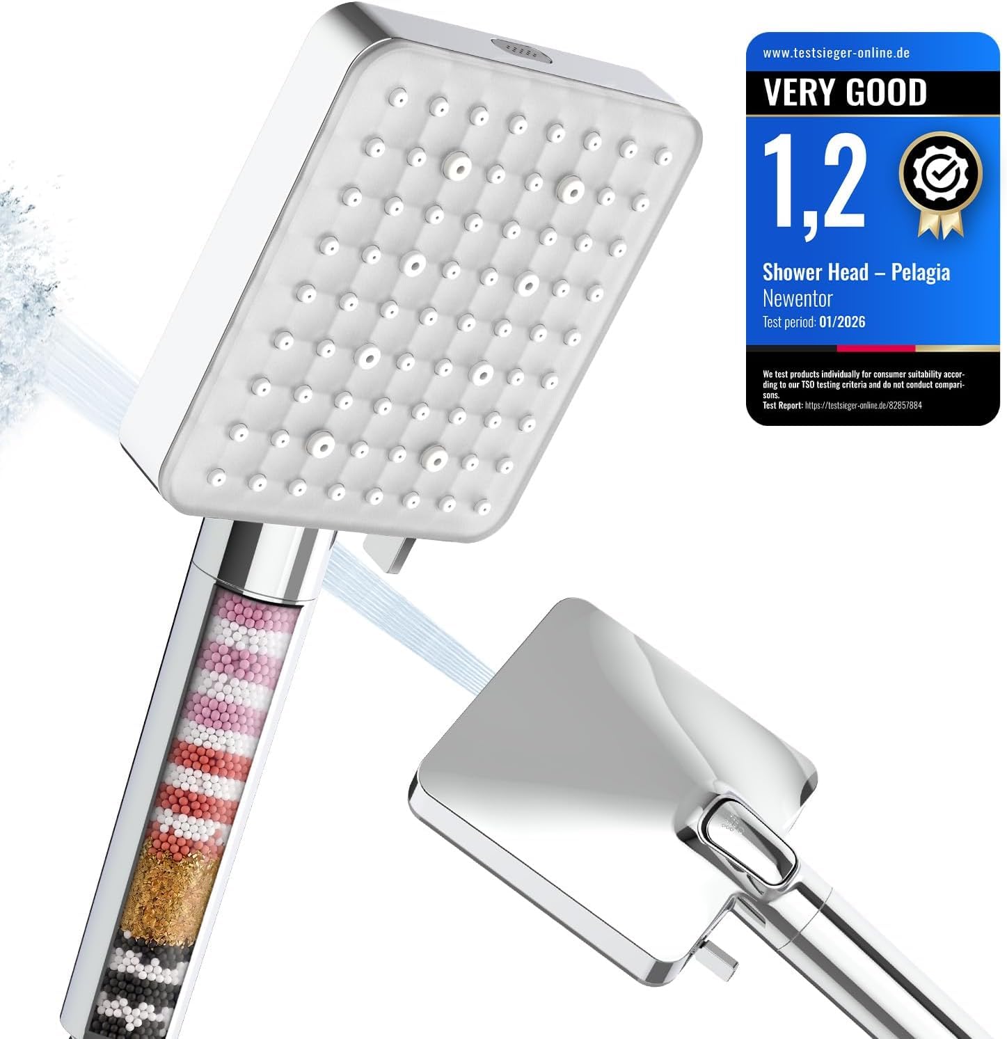 Newentor Soffione doccia a pioggia [vincitore del test], soffione doccia rettangolare con funzione filtro e pistola a spruzzo, soffione ad alta pressione per risparmiare acqua, doccetta con 6 tipi di