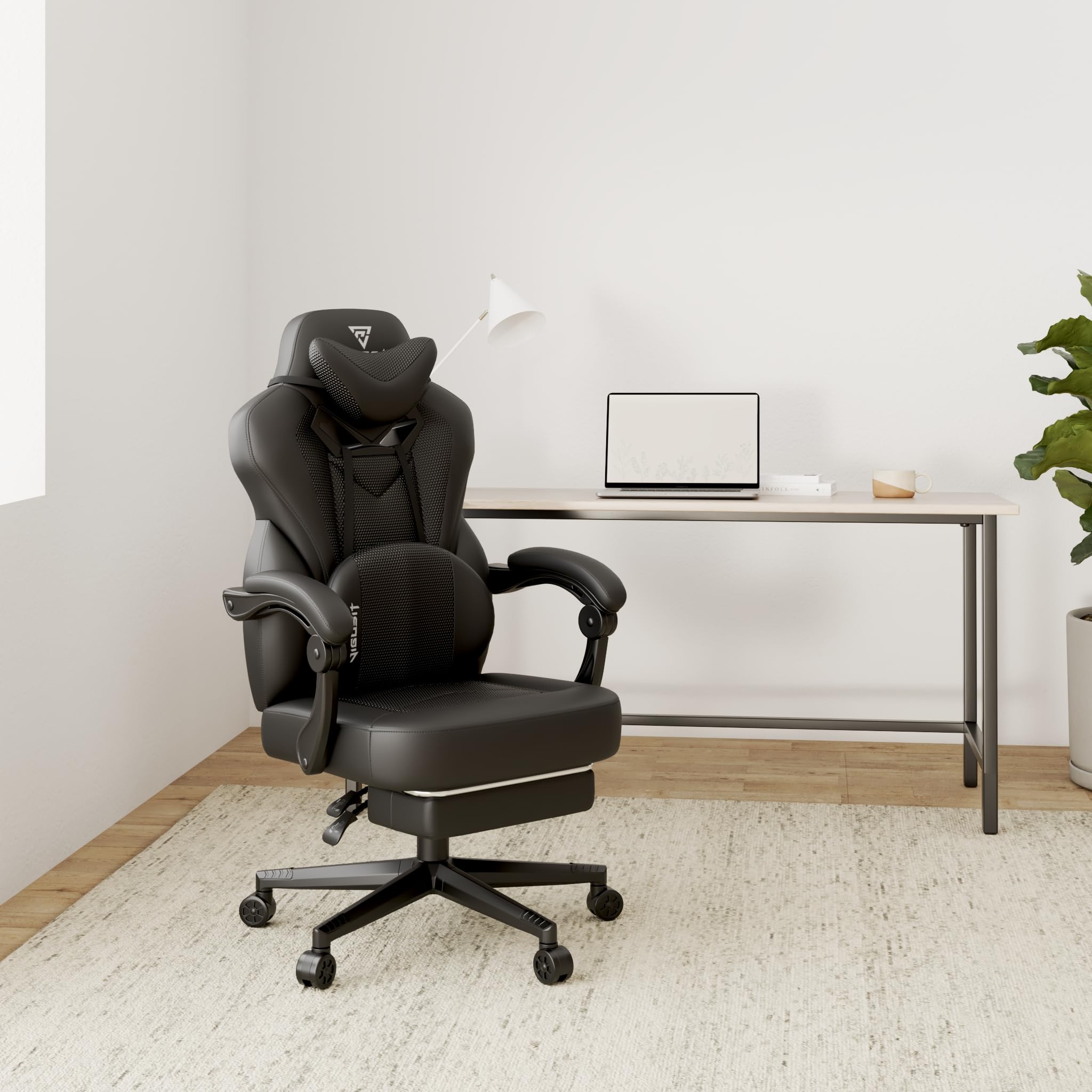 Vigosit Sedia da gaming professionale con poggiapiedi, in rete PC con funzione di massaggio, ergonomica, reclining gamer, capacità di carico 150 kg (Nero)