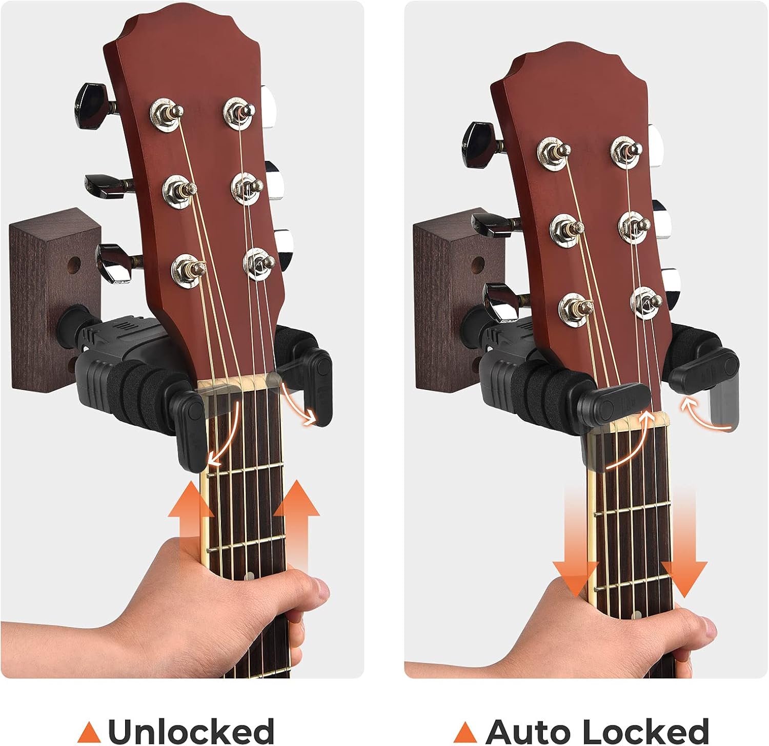 LEKATO Guitar Wall Mount Hanger, Auto Lock and Adjustable Hook Guitar Wall Hanger with Hard Wood Base for Guitar, Ukulele, Bass, Banjo and Mandolin, Base Guitar Hanger for Instrument Display(1 Pack)