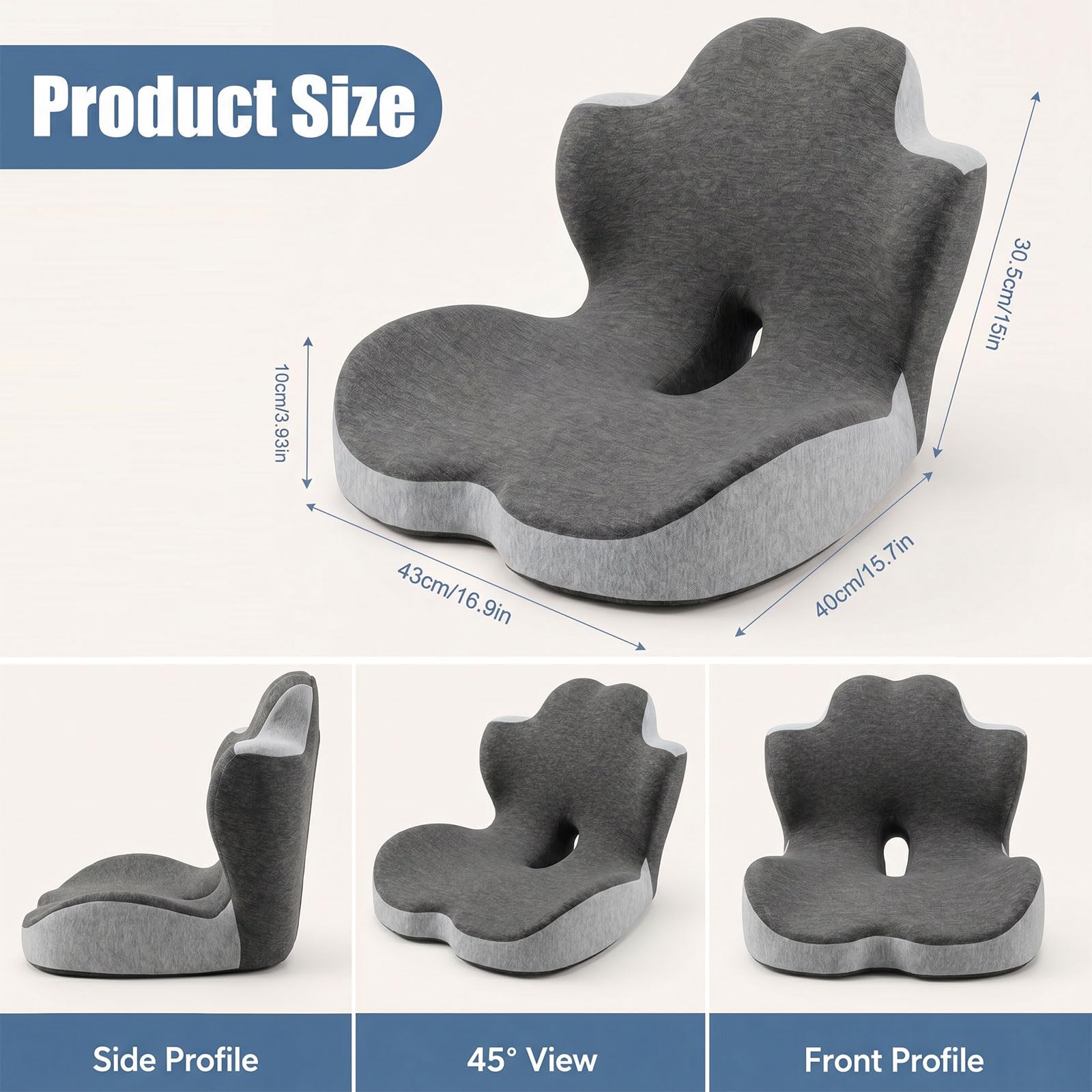Cuscino per sedile in memory foam, cuscino 2 in 1 per sedile e supporto lombare, cuscino ergonomico per auto, cuscino per il coccige, per dolore al coccige, per ufficio, casa, sedia a rotelle