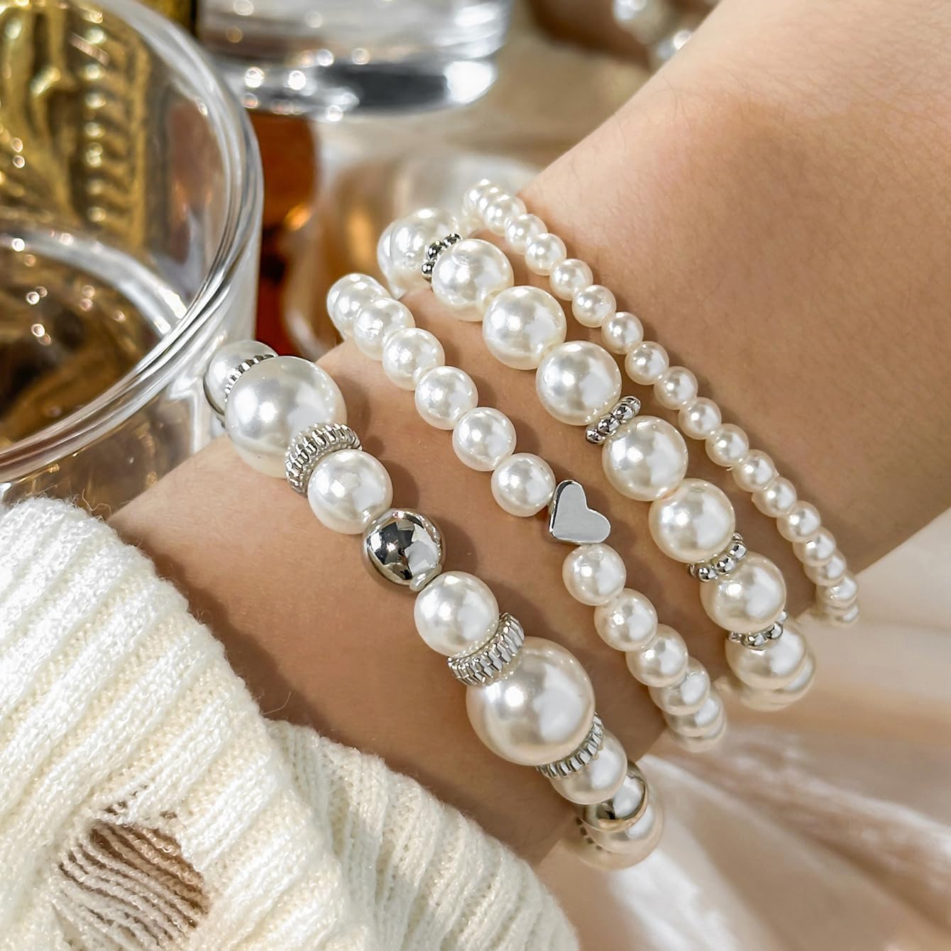 INENIMARTJ Pearl Bracelets for Women Multilayered Elastic Pearls Bracelets White Pearls Stackable Stretch Bracelet Set Simulated Pearl Beaded Bracelet for Women Bridesmaid Bridal Jewelry - Image 5