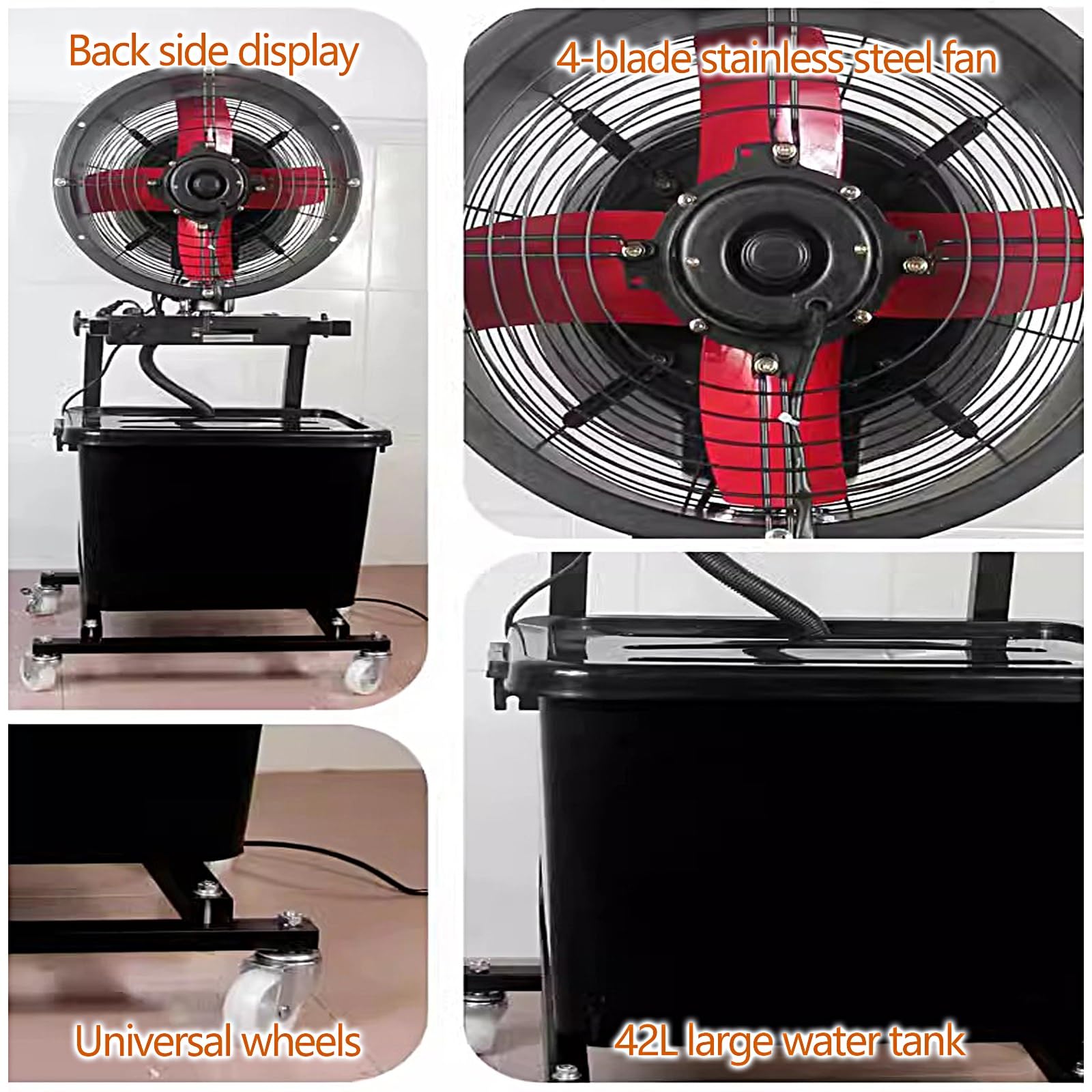 42 Litri Umidificatore Industriale con 4 Pale del Ventilatore in Acciaio Inossidabile, Umidificatore a Nebbia Fredda da 300W, Raffreddamento e Umidificazione
