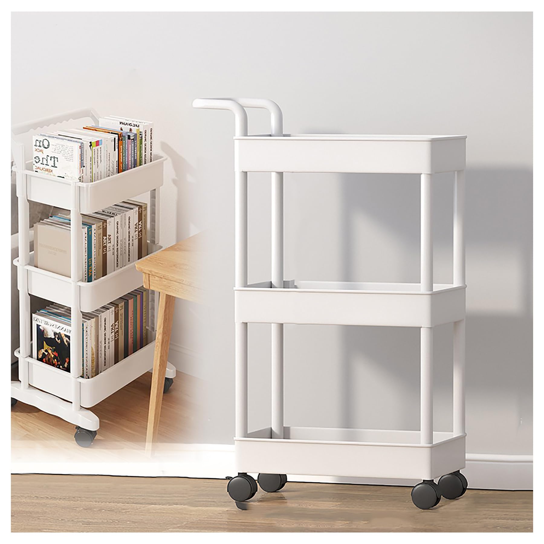 TUOYIBO Rolling Cart Organizer 3 Tier Rolling Cart Mobile Bookshelf with Wheels,Multi Tier Rolling Vertical Bookshelf,Rolling Bookshelf Cart,White