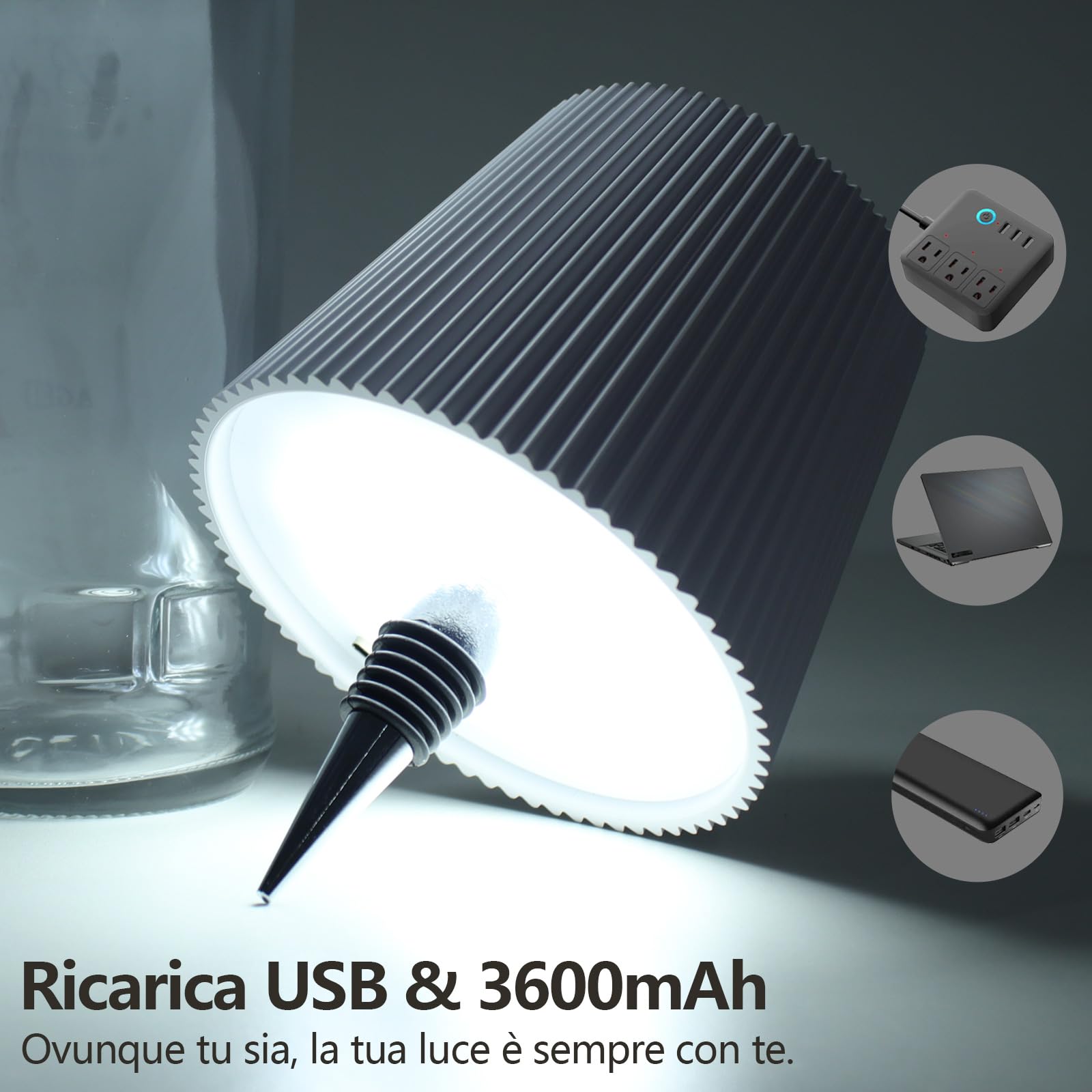 Beaeet Lampada da Tavolo a Bottiglia Senza Fili Ricaricabile via USB, con 3 Colori e Luminosità Regolabile, Ideale per Camera da Letto, Terrazza o come Regalo per le Festività, Bottle Lamp bianco