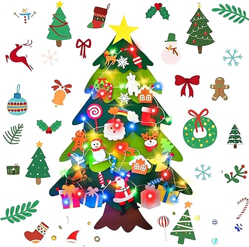 Árbol de Navidad de fieltro con 32 adornos de 3.2 pies, árbol de Navidad falso 3D familiar con 20 luces LED para niños pequeños, hogar, puerta,
