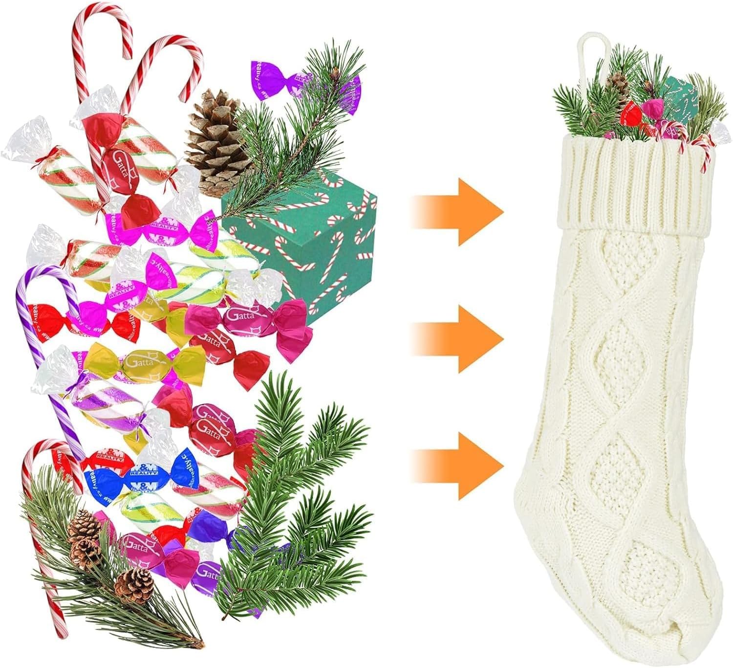 LEDeng Large Cable Knit Christmas Stockings, Fireplace Hanging Christmas Stockings, Perfect for Holiday Home Party Decorations, Unique Burgundy and White and Green Knitted Christmas Stockings (White) - Image 2