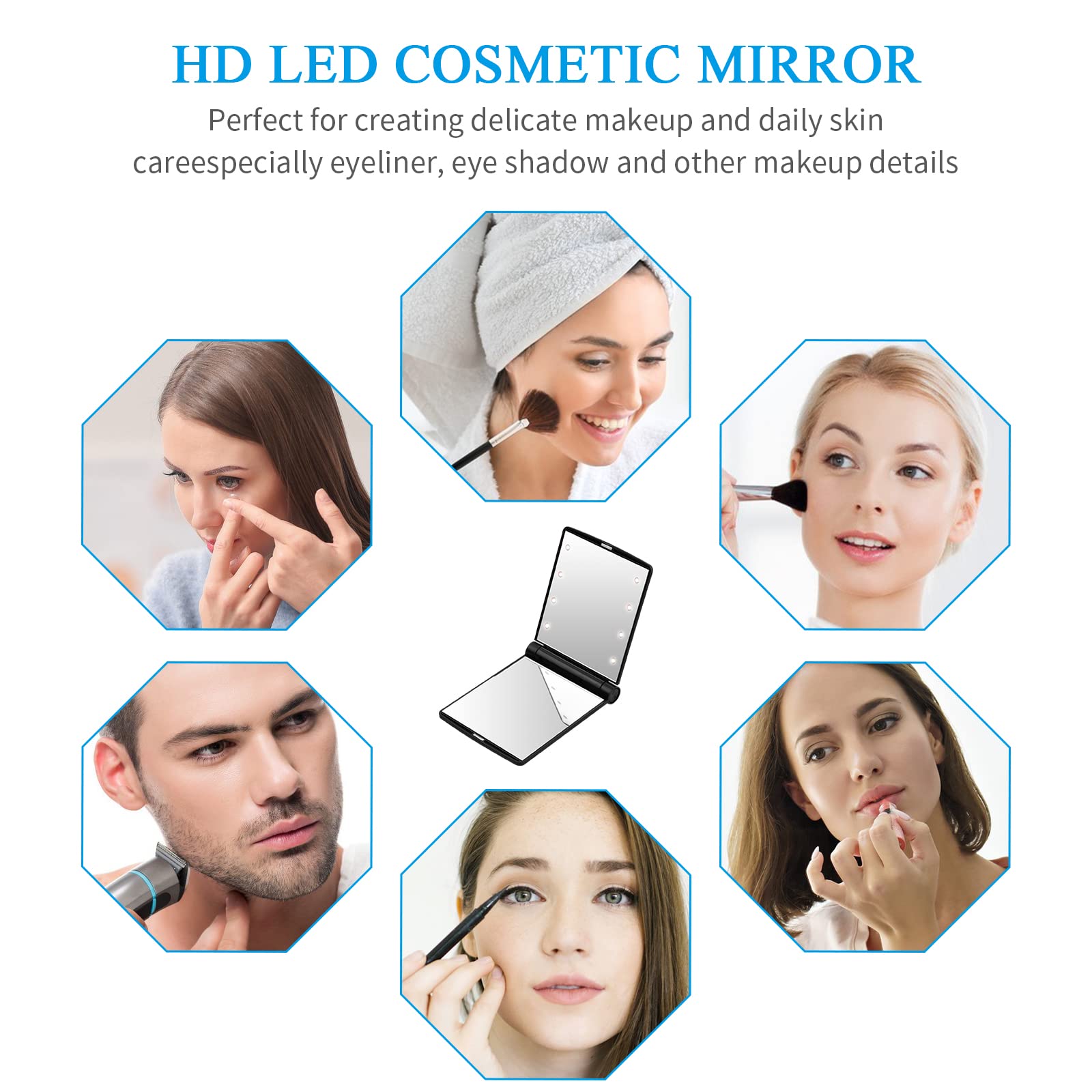 Kompaktspiegel Mit 8 LED Lichtern – Klappbar, Zweiseitig, Batteriebetrieben, Lila, Ideal Für Make-up Unterwegs