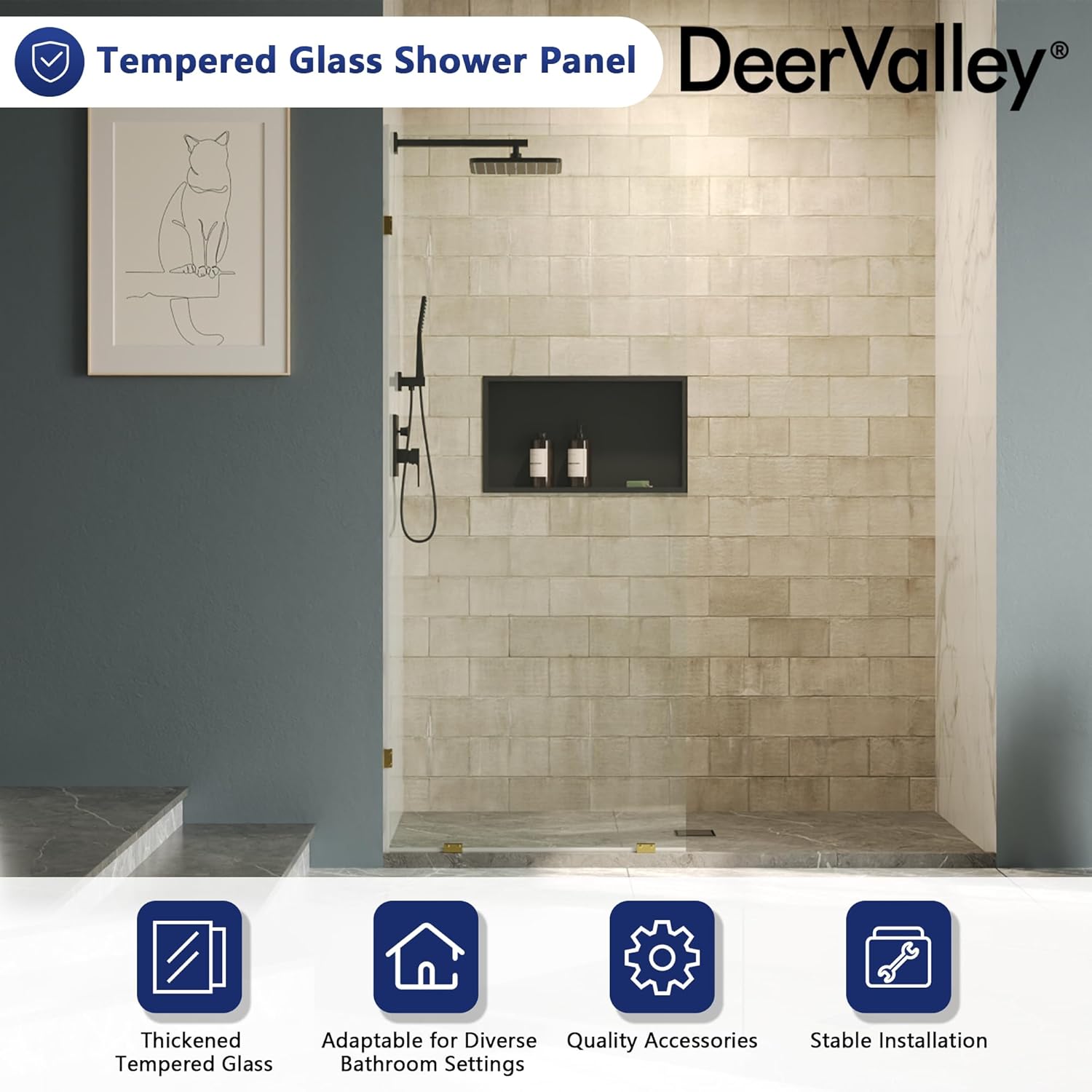 DeerValley 32"×78" Frameless Shower Glass Panel, 3/8'' (10mm) Fixed Glass Shower Panel, Tempered Glass Door, Bathroom Shower Screen with Hardware (Brushed Gold)