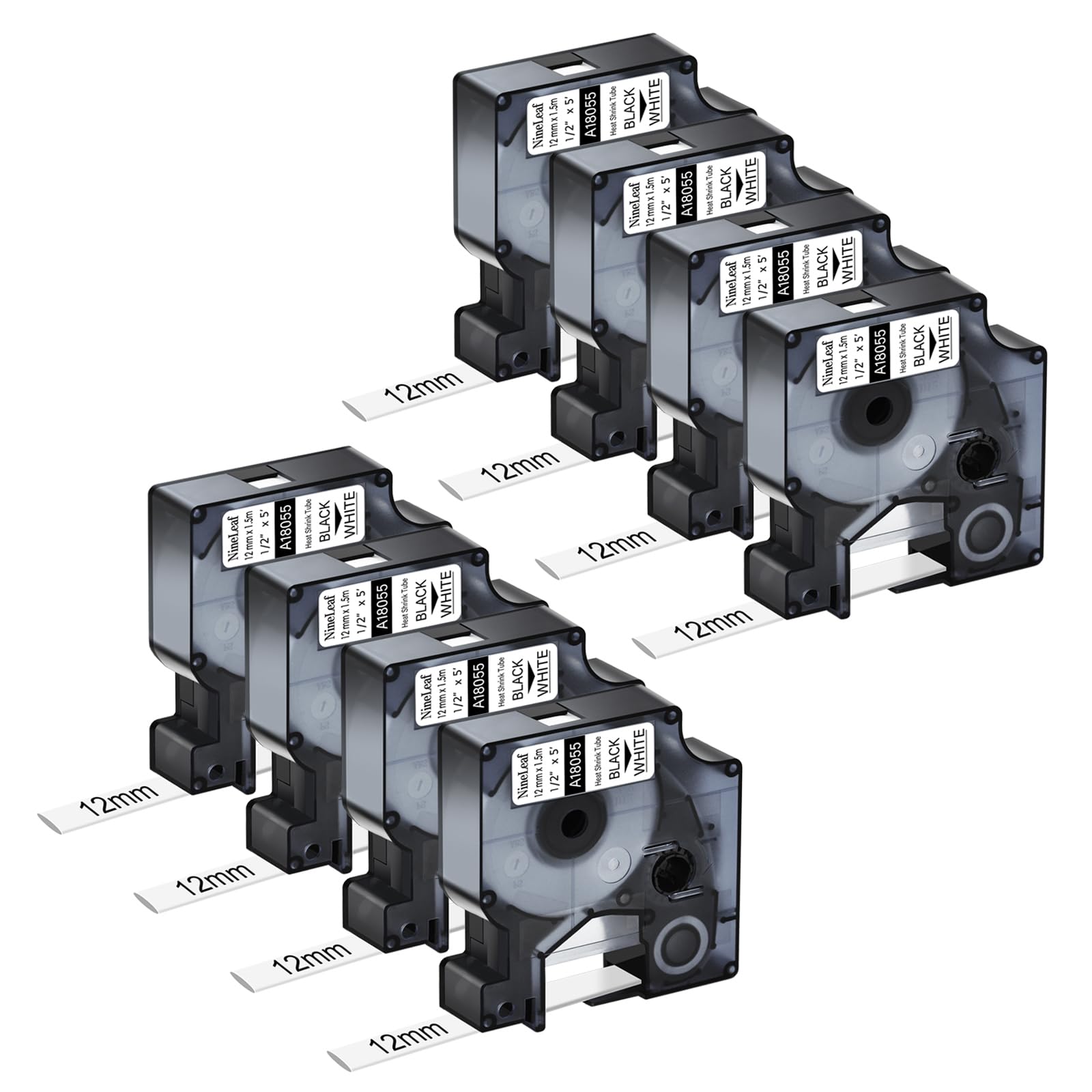 NineLeaf kompatibel für Dymo Rhino Industrie Schrumpfschlauch-Kabeletiketten 18055 S0718300 12mm x 1.5m Bänder Schwarz auf Weiß für Rhino 3000 4200 5000 5200 6000 3M PL150 Beschriftungsgerät, 8PK