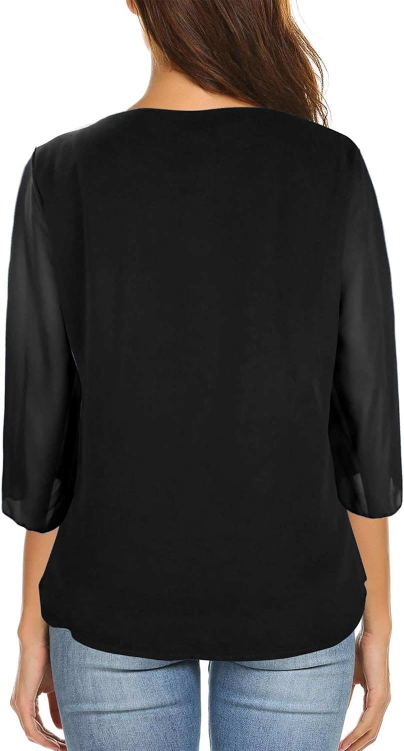 Oyamiki Womens Half Sleeve Layered Flowy Chiffon Blouses Round Neck Shirts Tops - Image 2